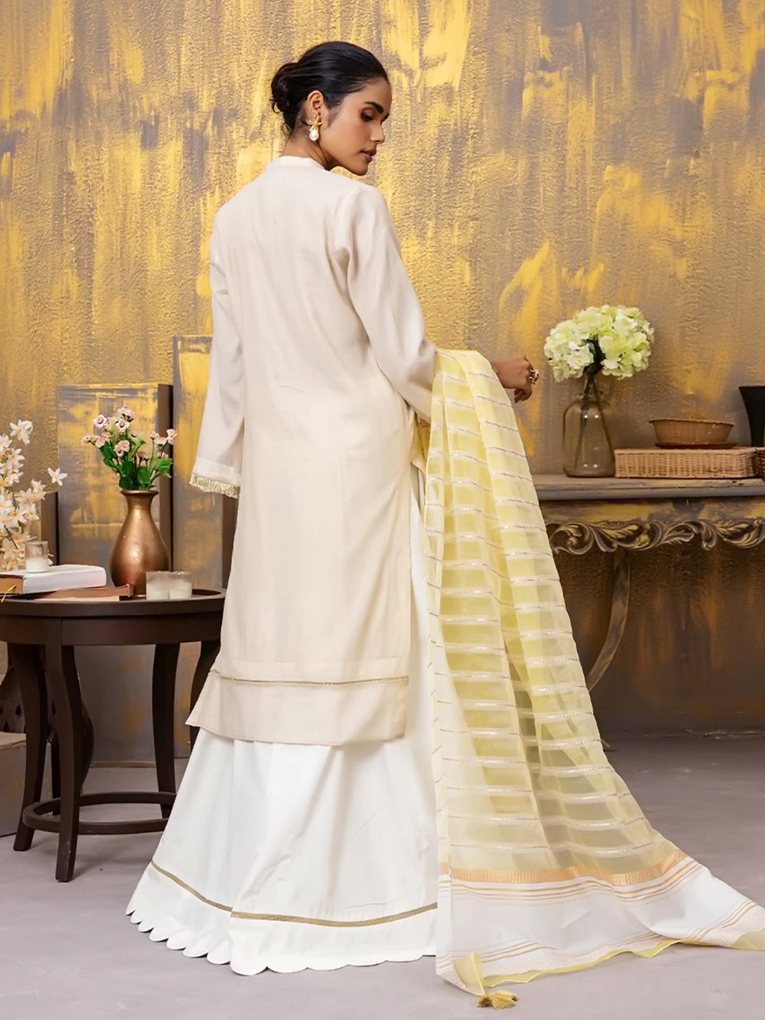 Salitex "Vogue" Unstitched Masoori Net & Silk Creamy White / Yellow Suit