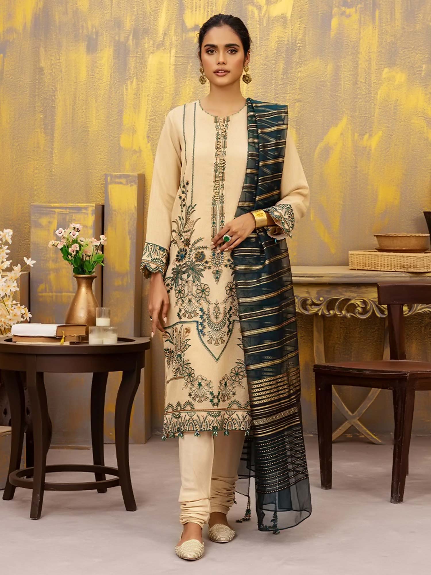 Salitex "Vogue" Unstitched Masoori Net & Silk Beige Suit