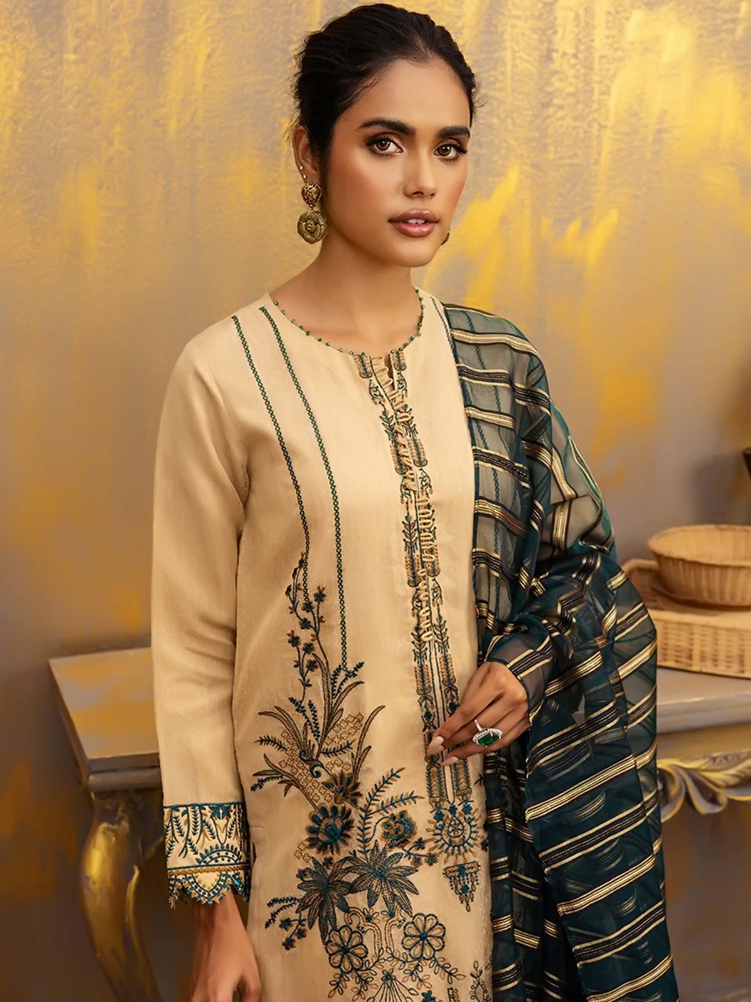 Salitex "Vogue" Unstitched Masoori Net & Silk Beige Suit