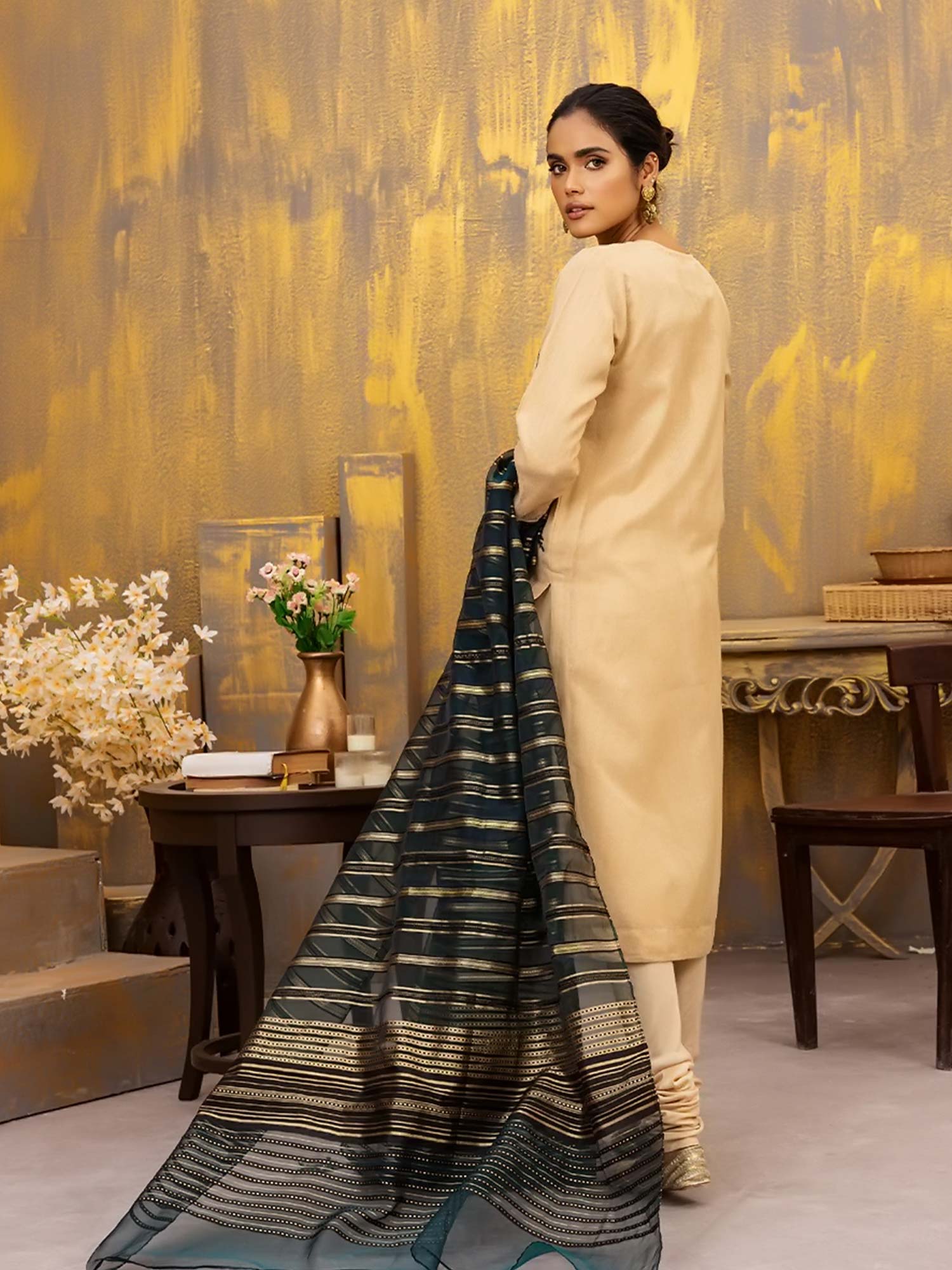 Salitex "Vogue" Unstitched Masoori Net & Silk Beige Suit