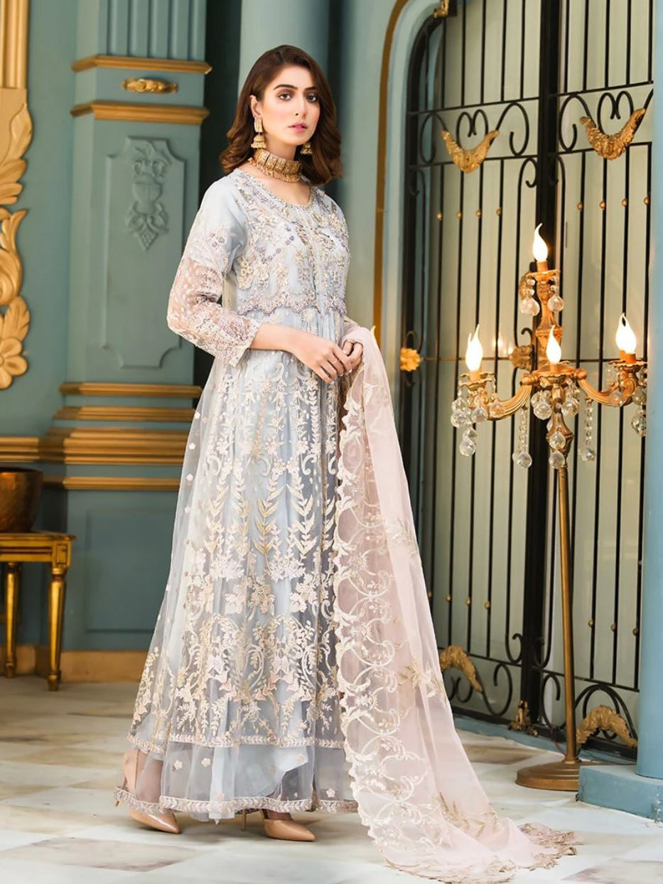 Zarqun Silver Grey Fancy Embroidered Net Maxi Suit