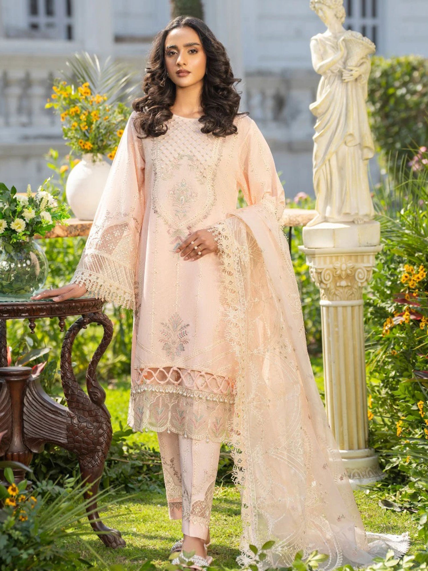 Zarqun Peach Embroidered Luxury Khadi Cotton Suit (2409A)