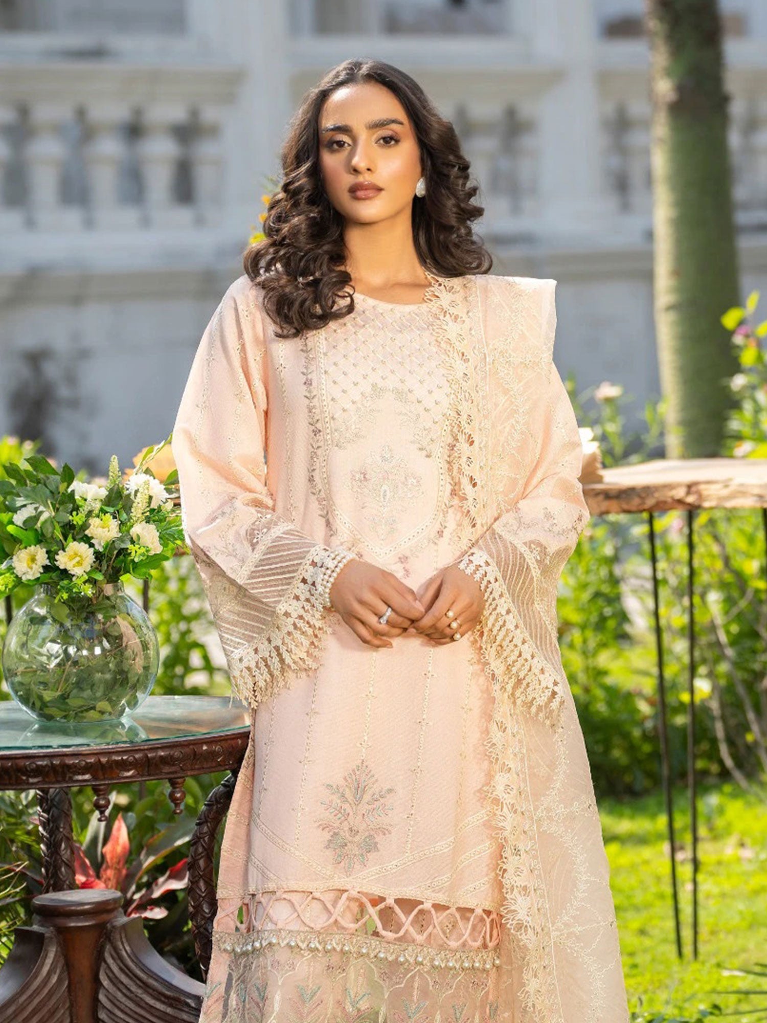 Zarqun Peach Embroidered Luxury Khadi Cotton Suit (2409A)