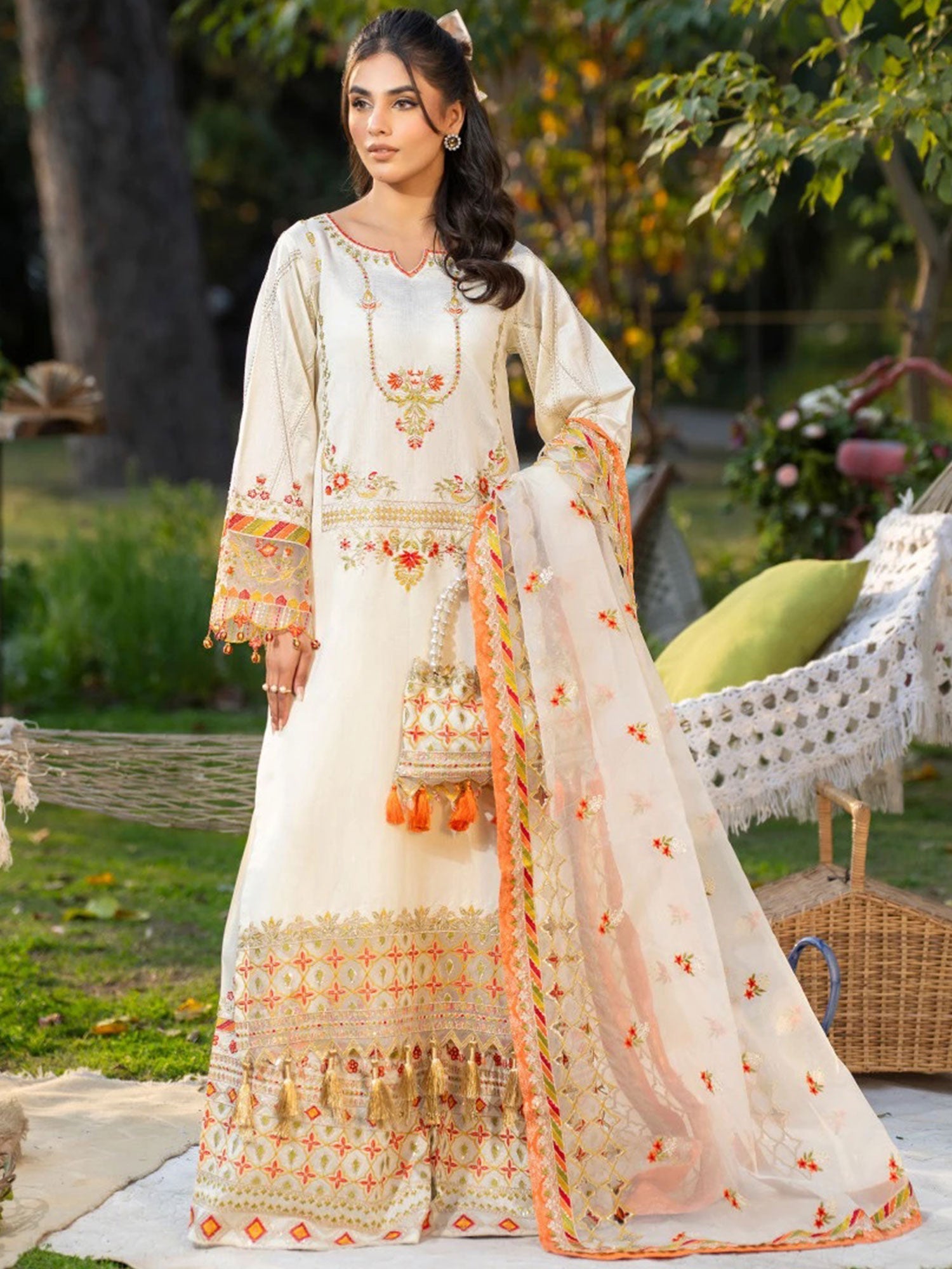 Zarqun White Embroidered Luxury Khadi Cotton Suit with Palazzo (2411A)