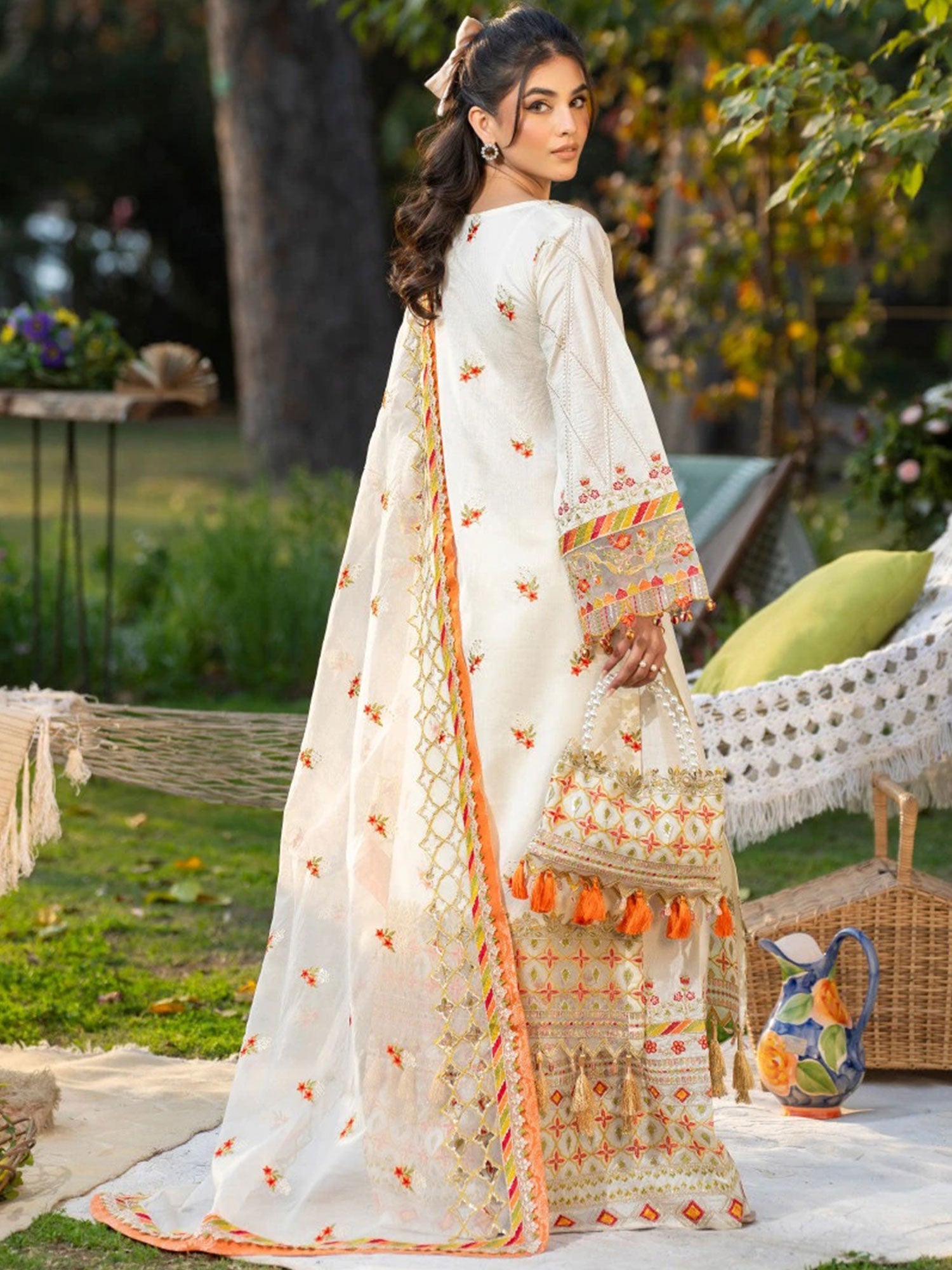 Zarqun White Embroidered Luxury Khadi Cotton Suit with Palazzo (2411A)