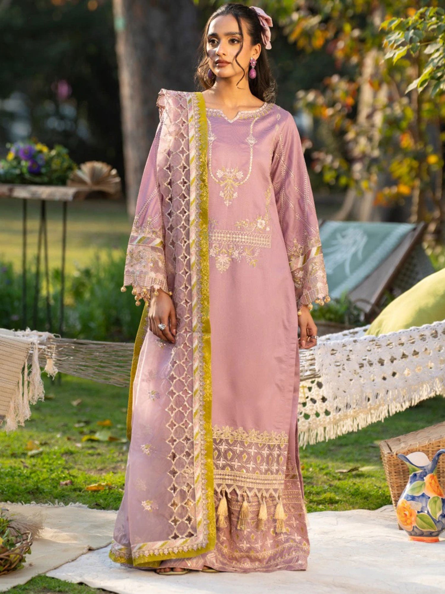 Zarqun Pink Embroidered Luxury Khadi Cotton Suit with Palazzo (2411B)