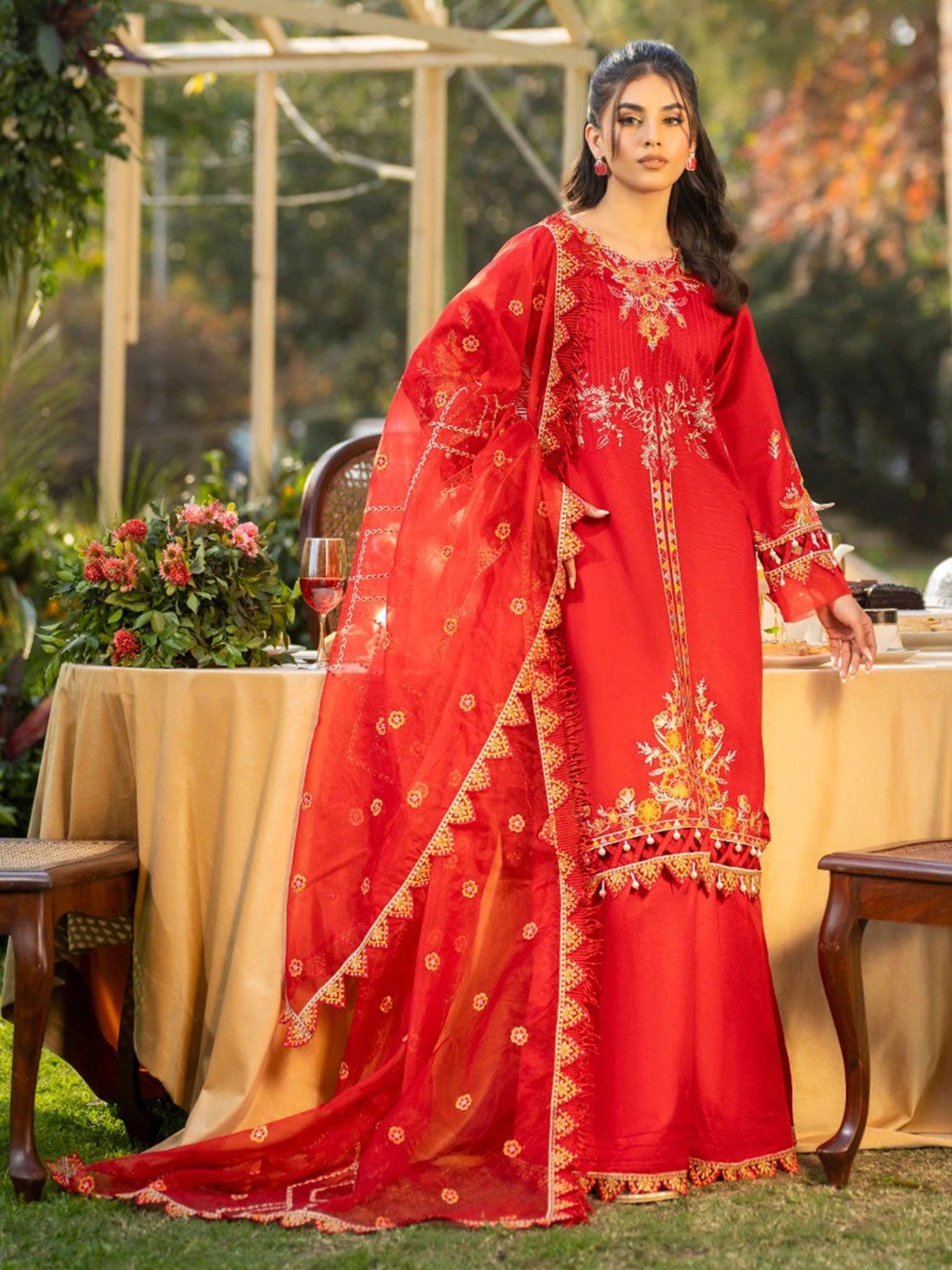 Zarqun Deep Red Embroidered Luxury Khadi Cotton Suit with Palazzo (2412A)