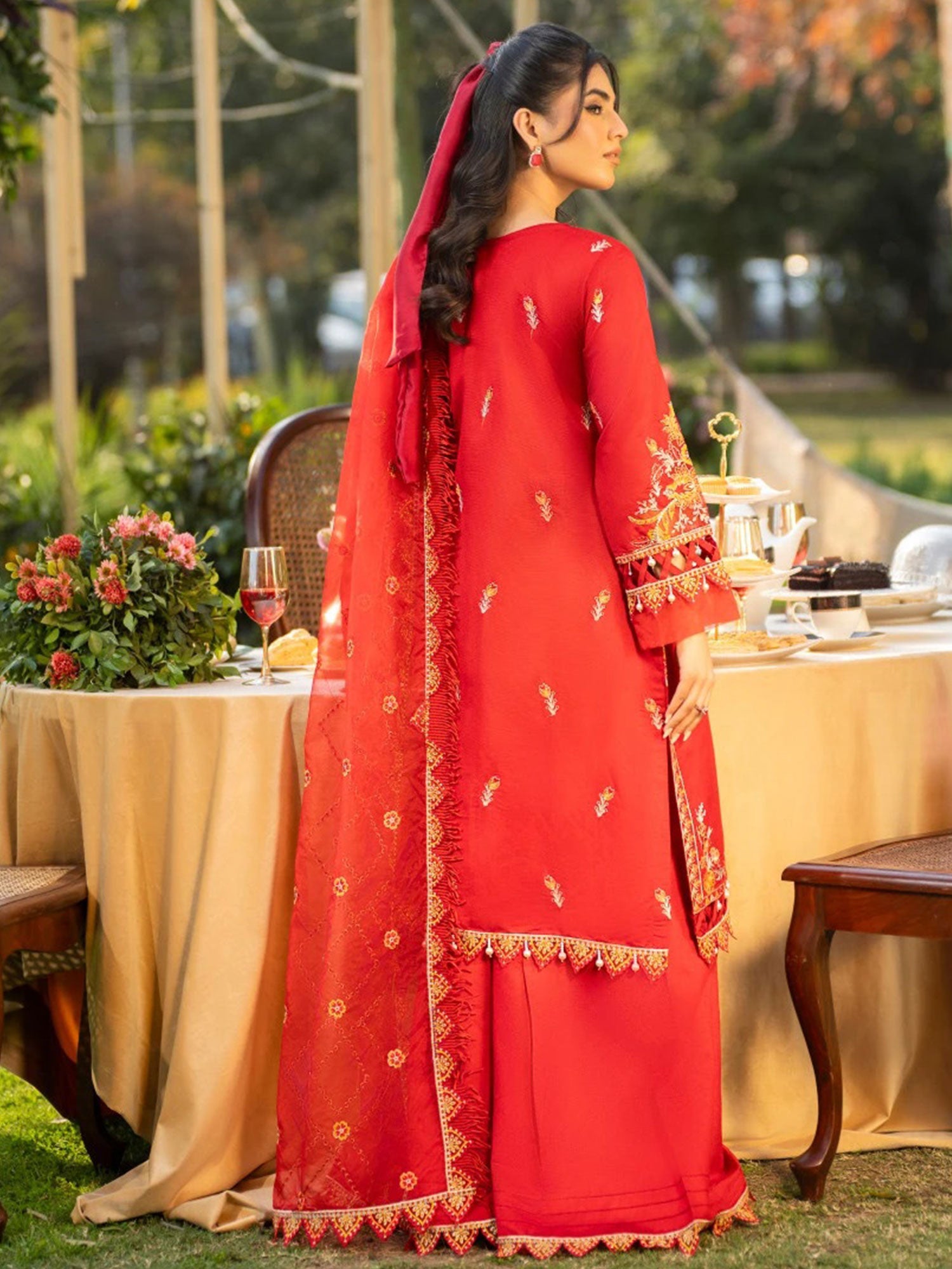 Zarqun Deep Red Embroidered Luxury Khadi Cotton Suit with Palazzo (2412A)