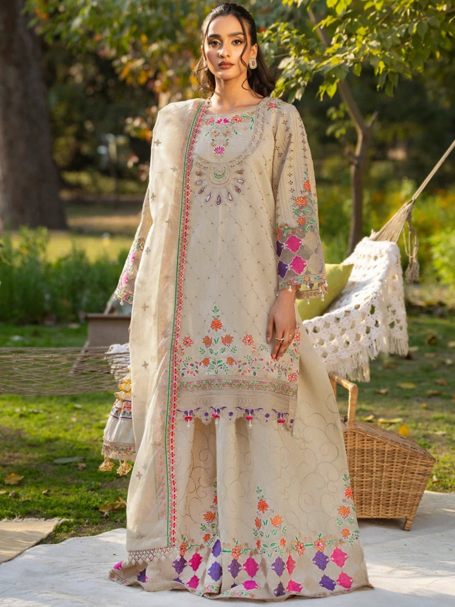 Zarqun Gold-Beige Embroidered Luxury Khadi Cotton Suit with Palazzo (2414A)