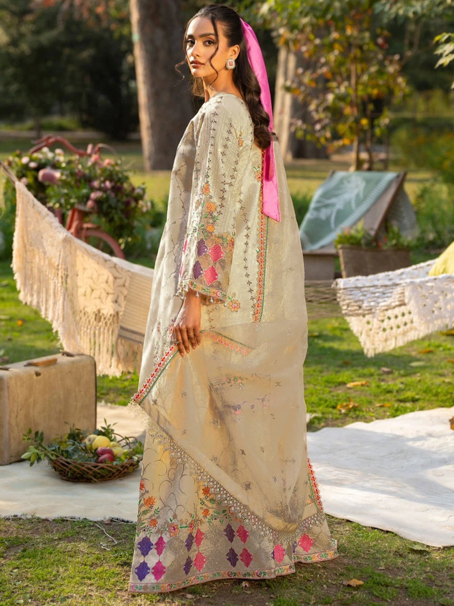 Zarqun Gold-Beige Embroidered Luxury Khadi Cotton Suit with Palazzo (2414A)