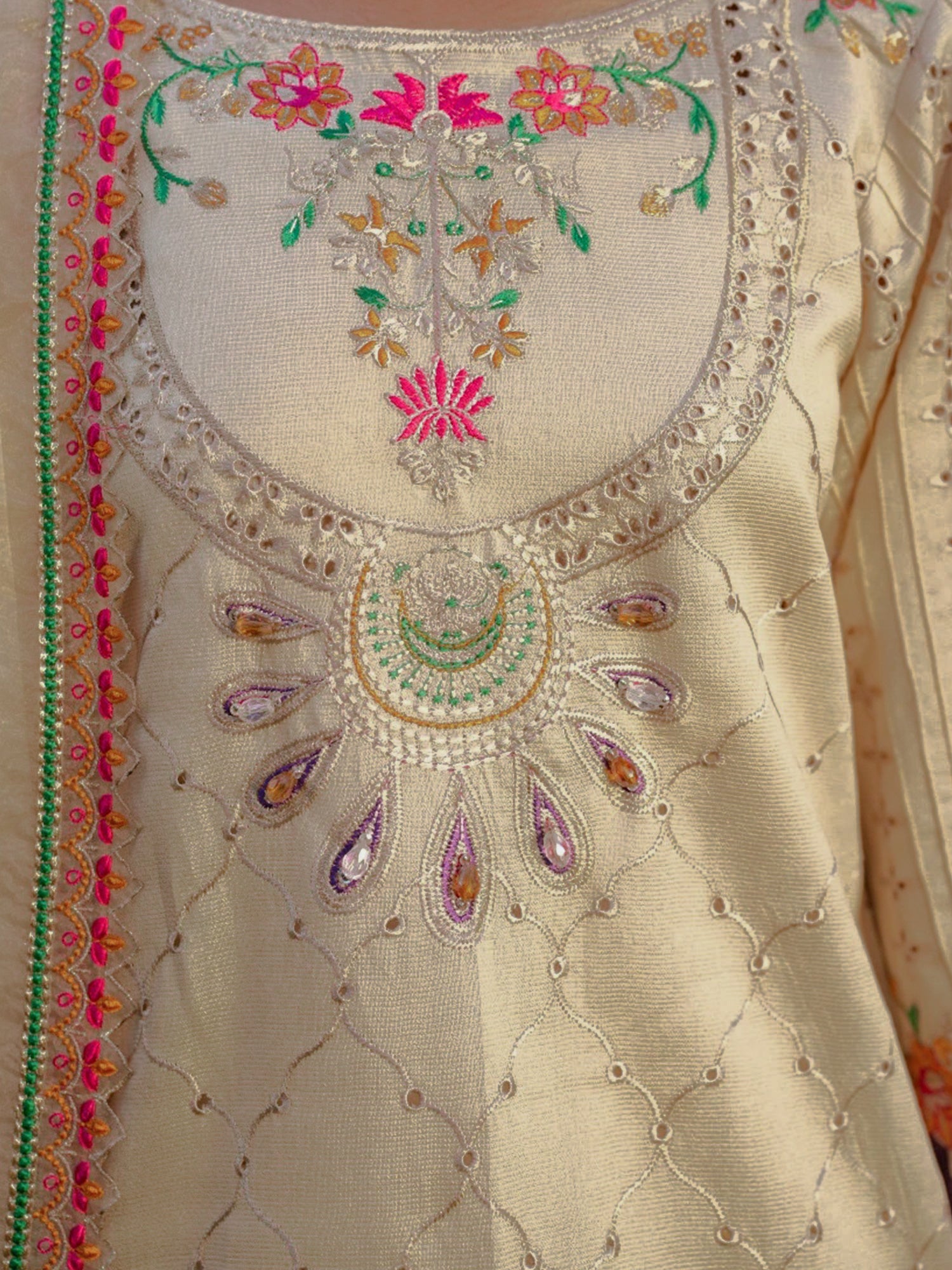 Zarqun Gold-Beige Embroidered Luxury Khadi Cotton Suit with Palazzo (2414A)