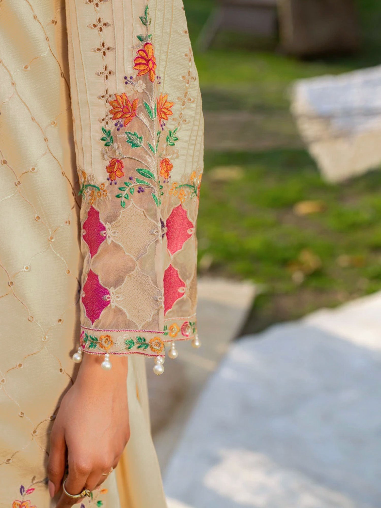 Zarqun Gold-Beige Embroidered Luxury Khadi Cotton Suit with Palazzo (2414A)