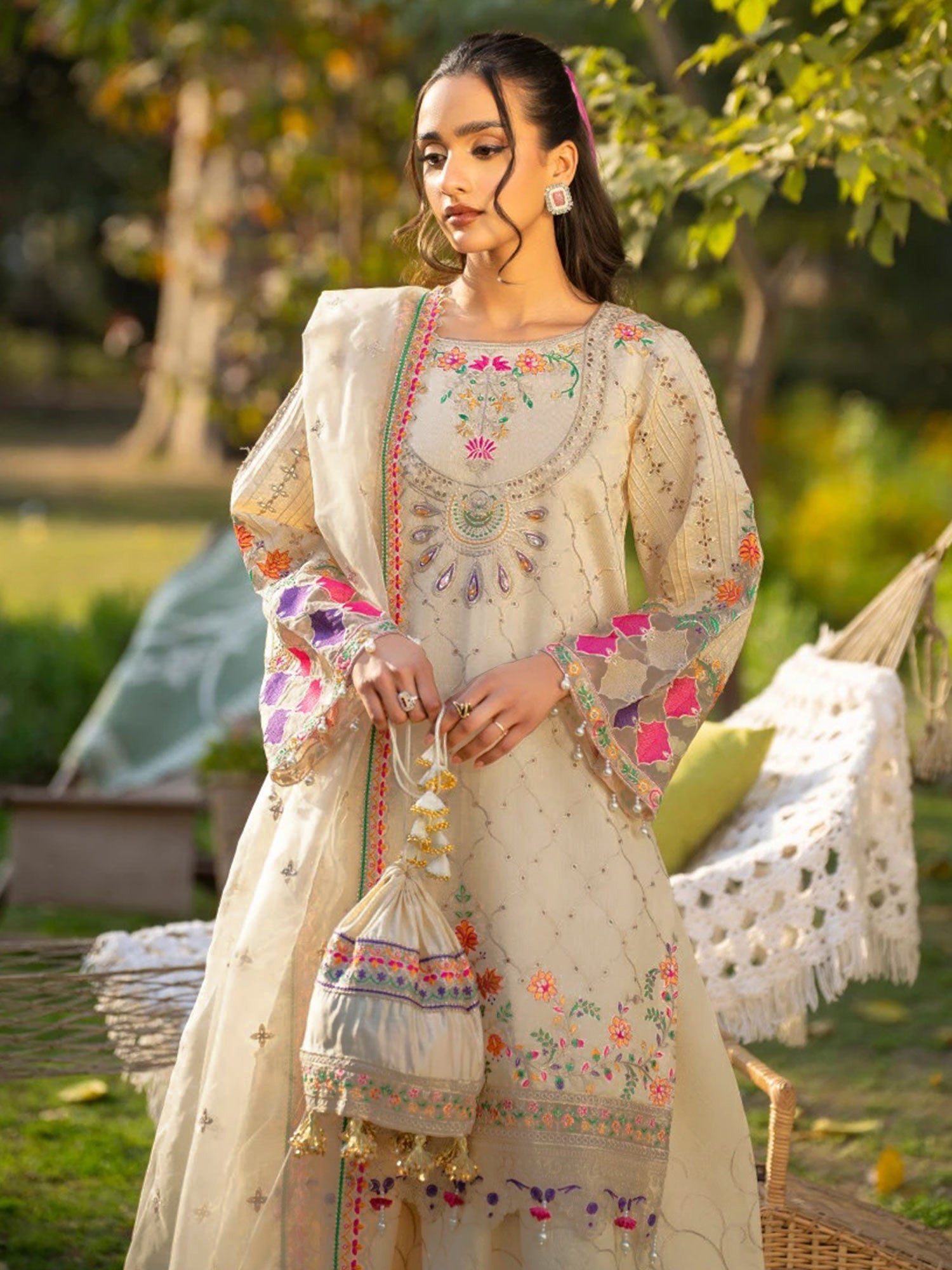 Zarqun Gold-Beige Embroidered Luxury Khadi Cotton Suit with Palazzo (2414A)