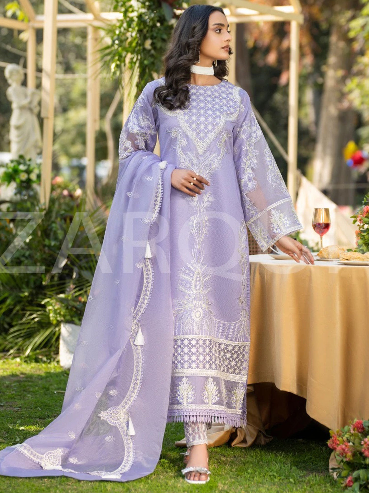 Zarqun Lilac Embroidered Luxury Khadi Cotton Suit (2416B)