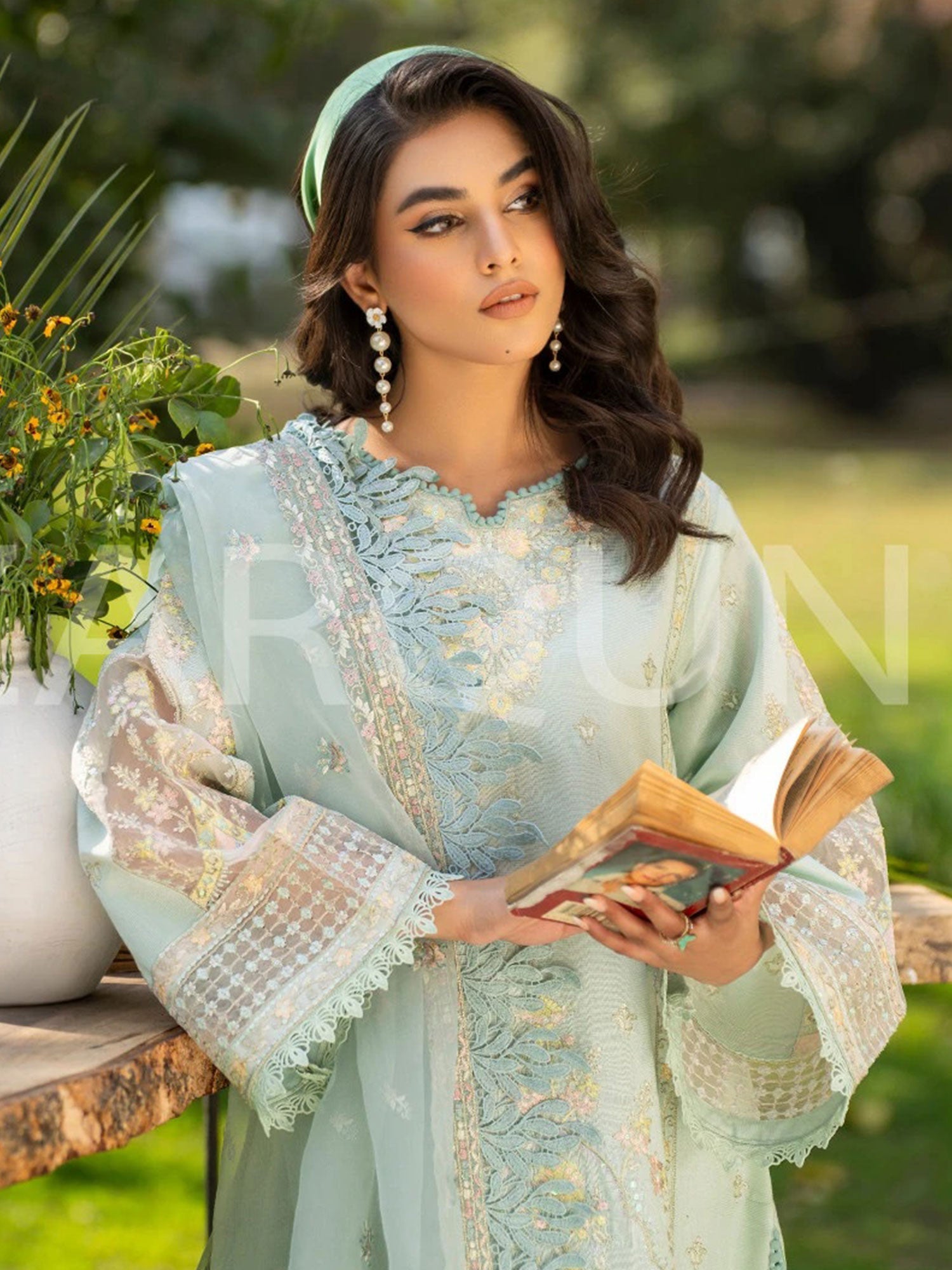 Zarqun Aqua Embroidered Luxury Khadi Cotton Suit (2417B)