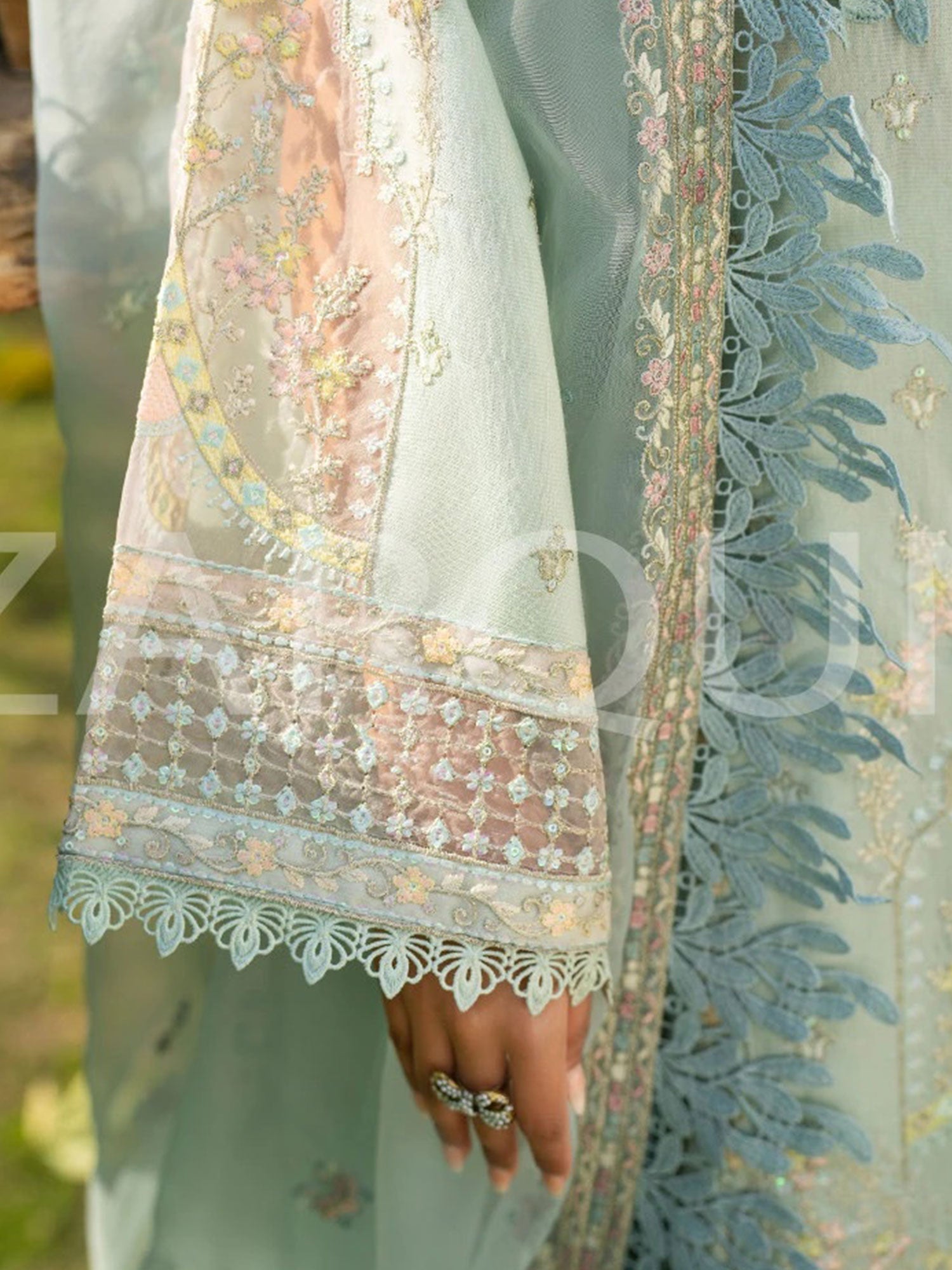 Zarqun Aqua Embroidered Luxury Khadi Cotton Suit (2417B)