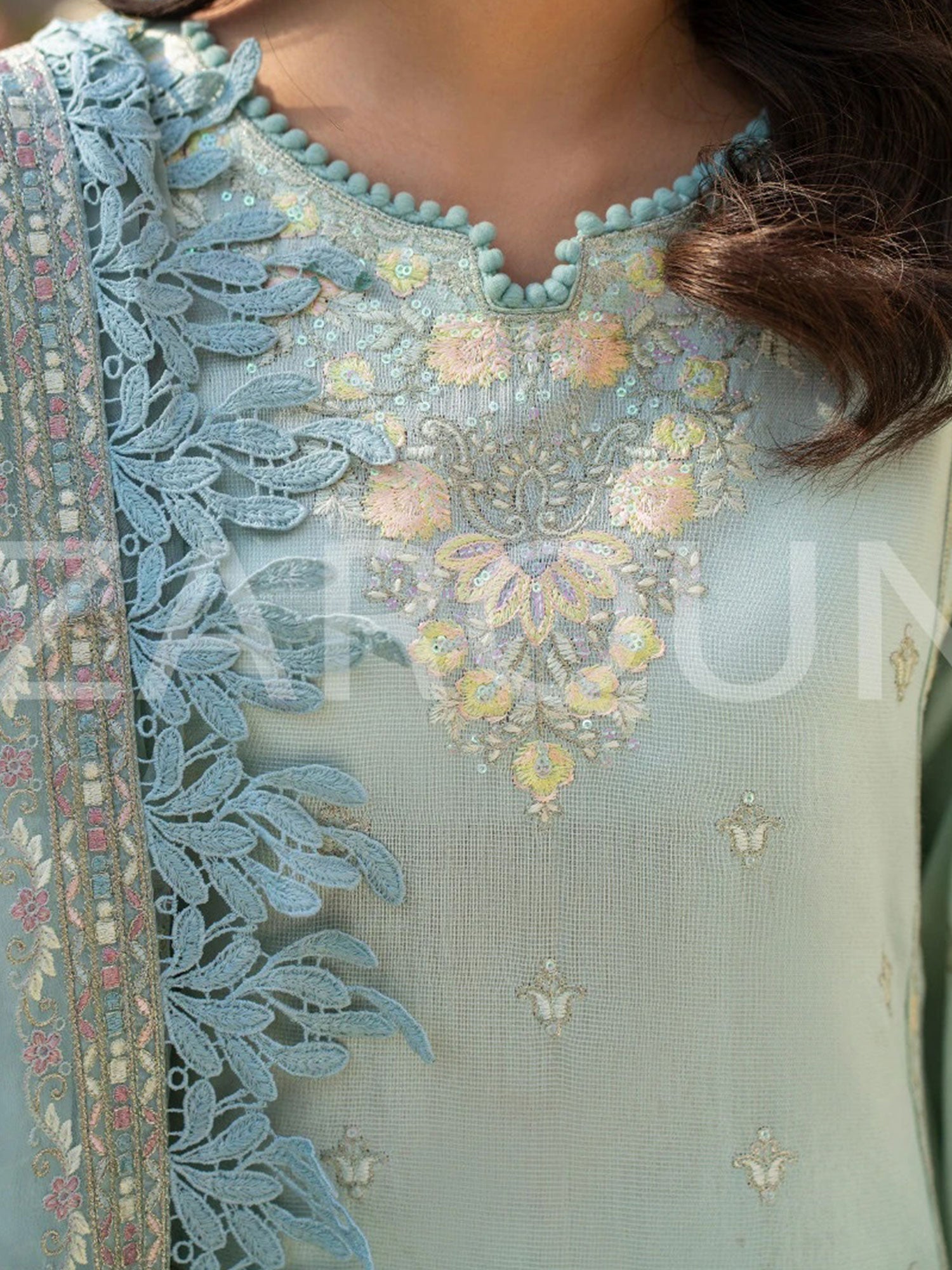 Zarqun Aqua Embroidered Luxury Khadi Cotton Suit (2417B)