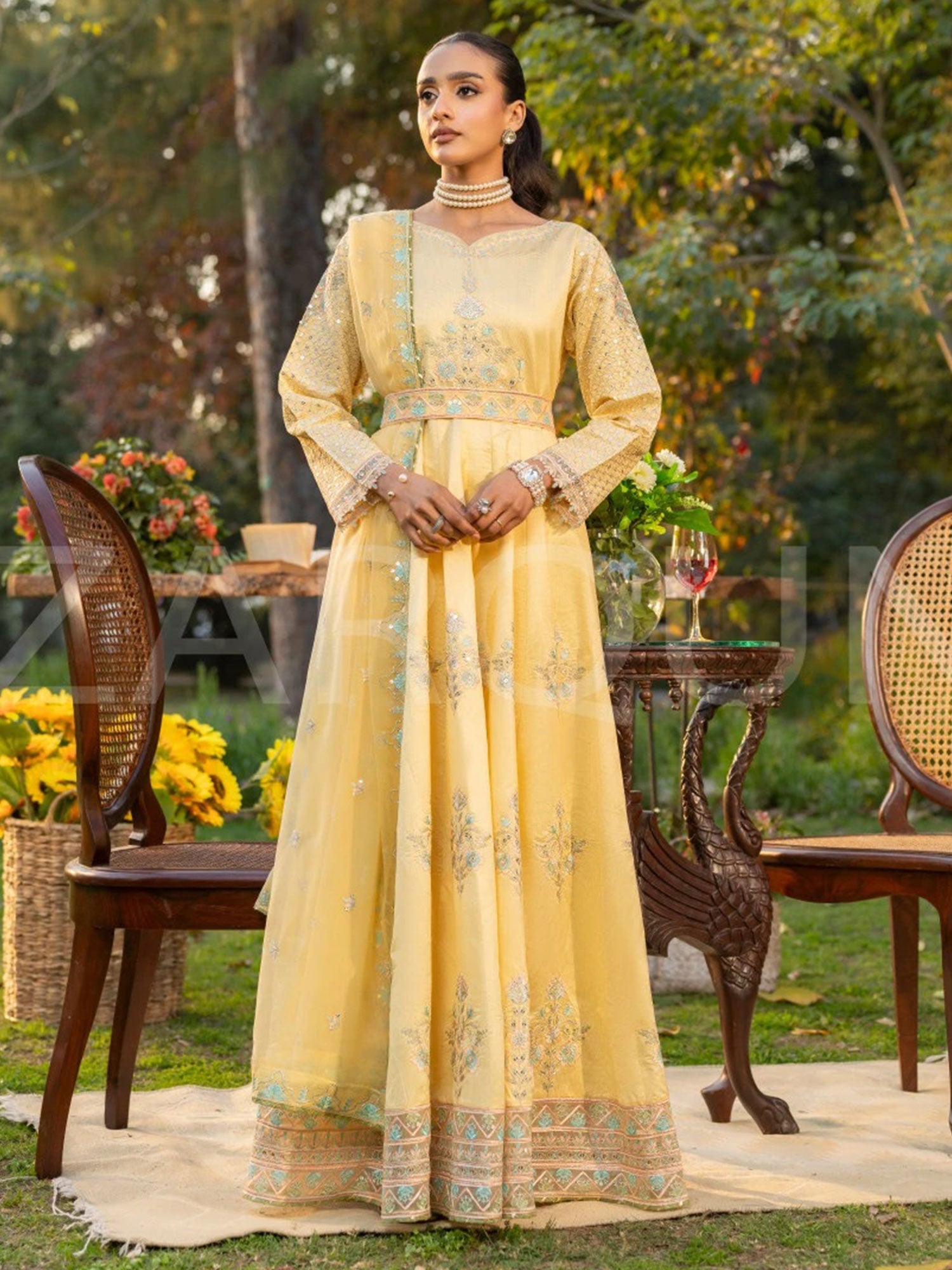 Zarqun Lime Embroidered Luxury Khadi Cotton Maxi Suit (2418B)