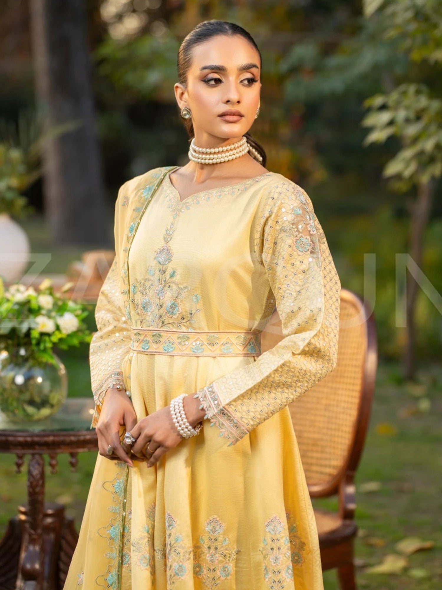 Zarqun Lime Embroidered Luxury Khadi Cotton Maxi Suit (2418B)