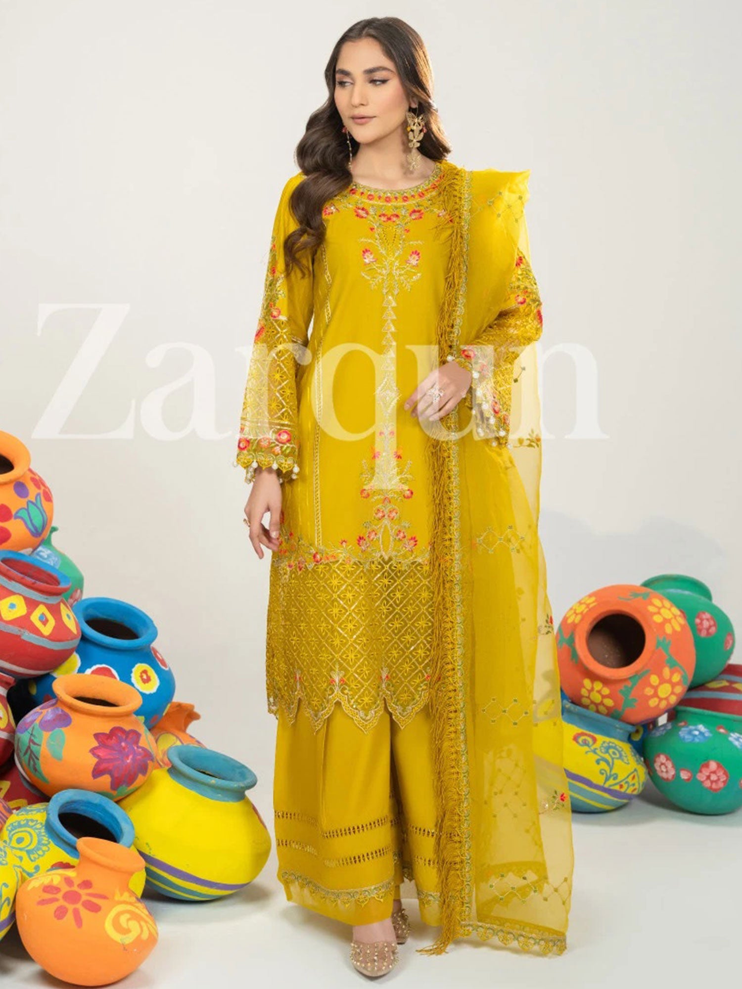 Zarqun Mustard Embroidered Luxury Cotton Suit with Palazzo (2422A)