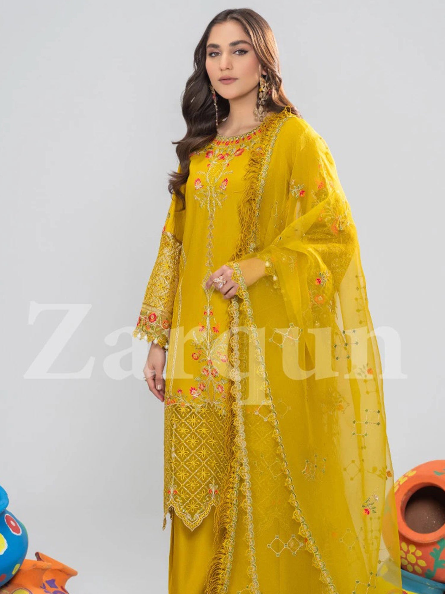 Zarqun Mustard Embroidered Luxury Cotton Suit with Palazzo (2422A)