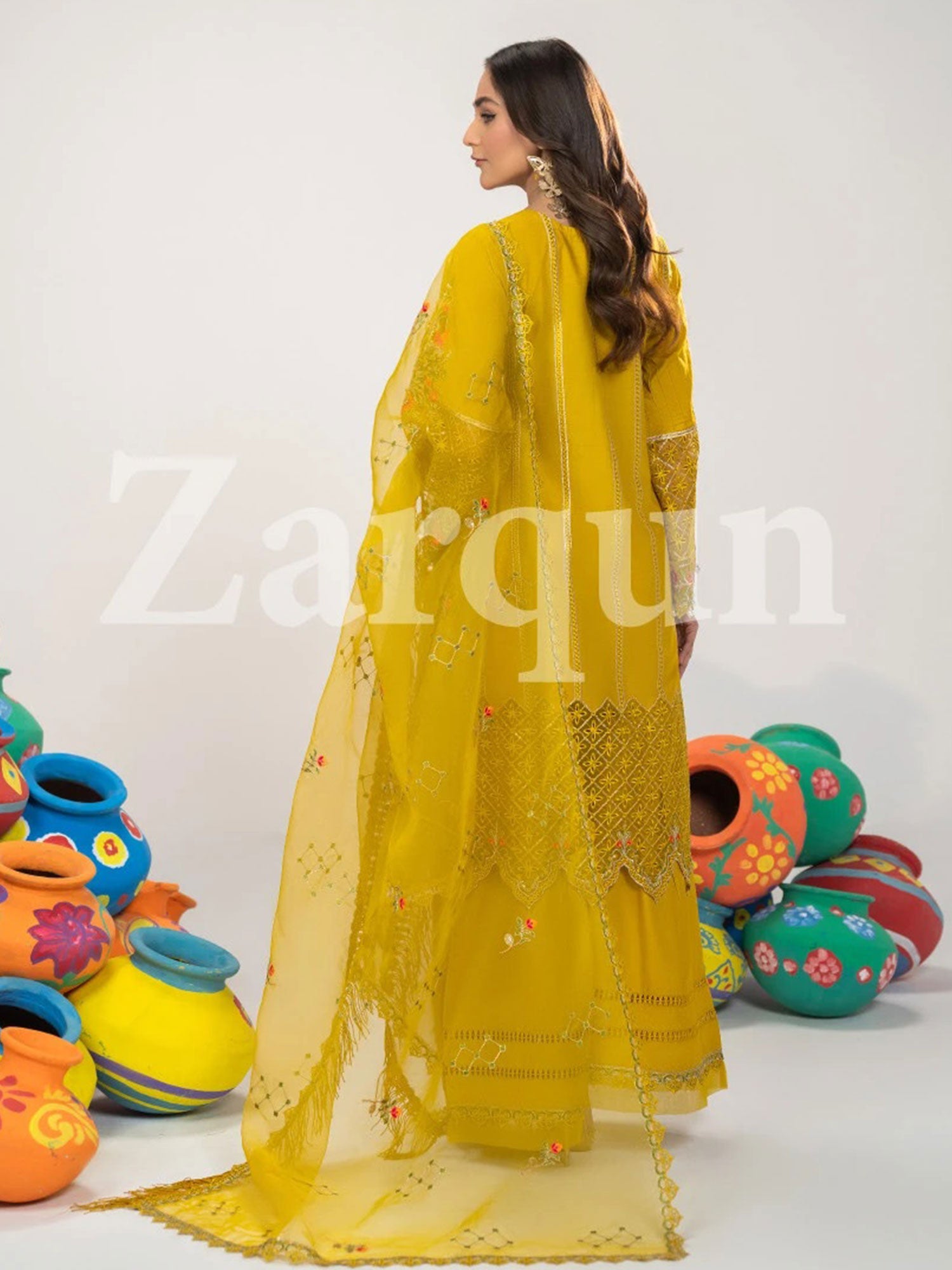 Zarqun Mustard Embroidered Luxury Cotton Suit with Palazzo (2422A)