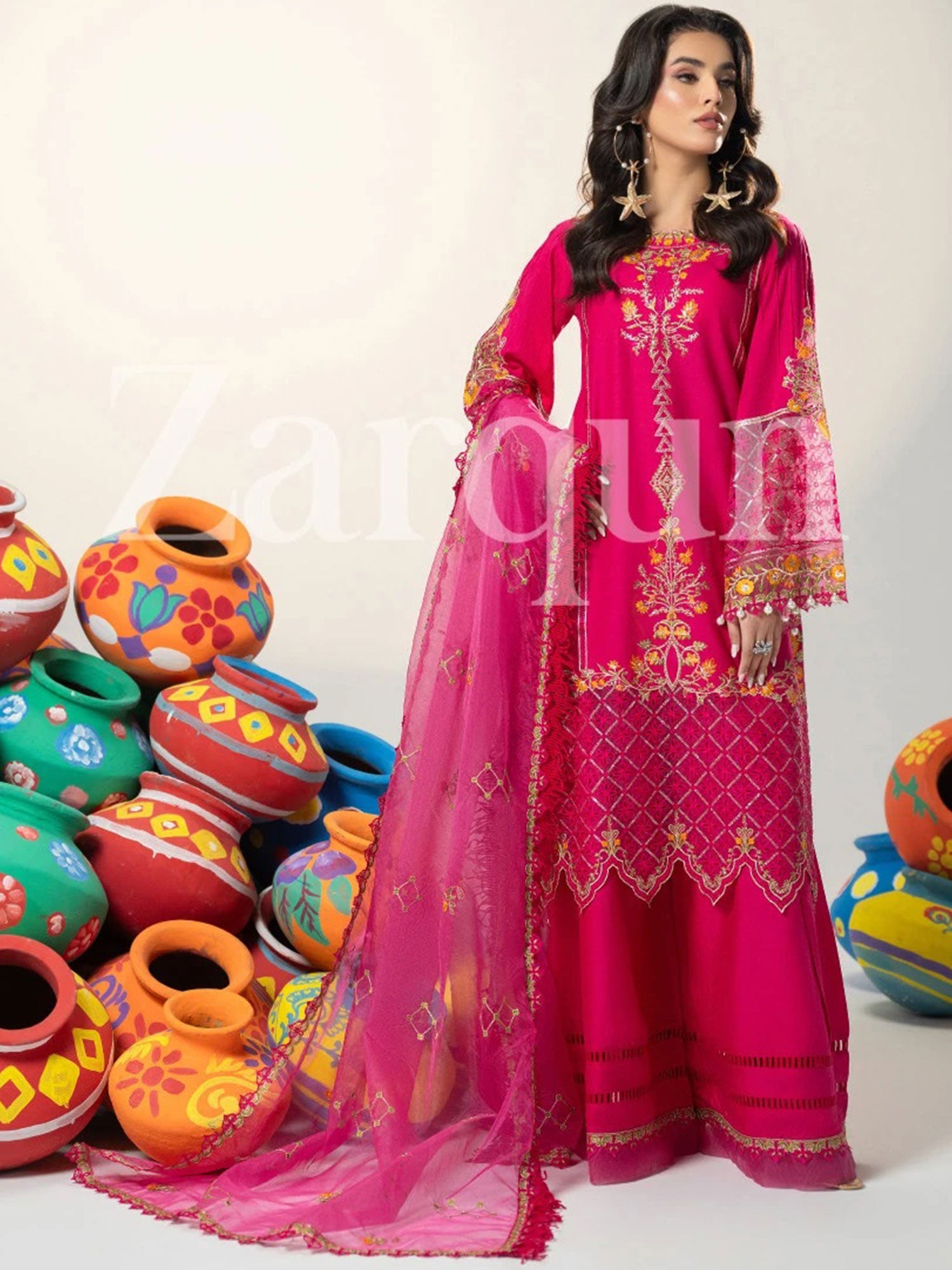 Zarqun Pink Embroidered Luxury Cotton Suit with Palazzo (2422B)