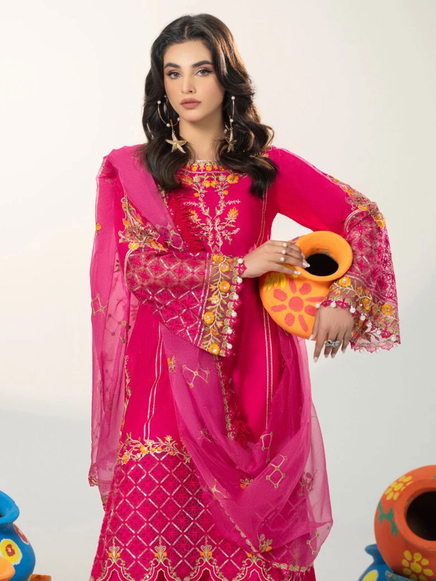 Zarqun Pink Embroidered Luxury Cotton Suit with Palazzo (2422B)