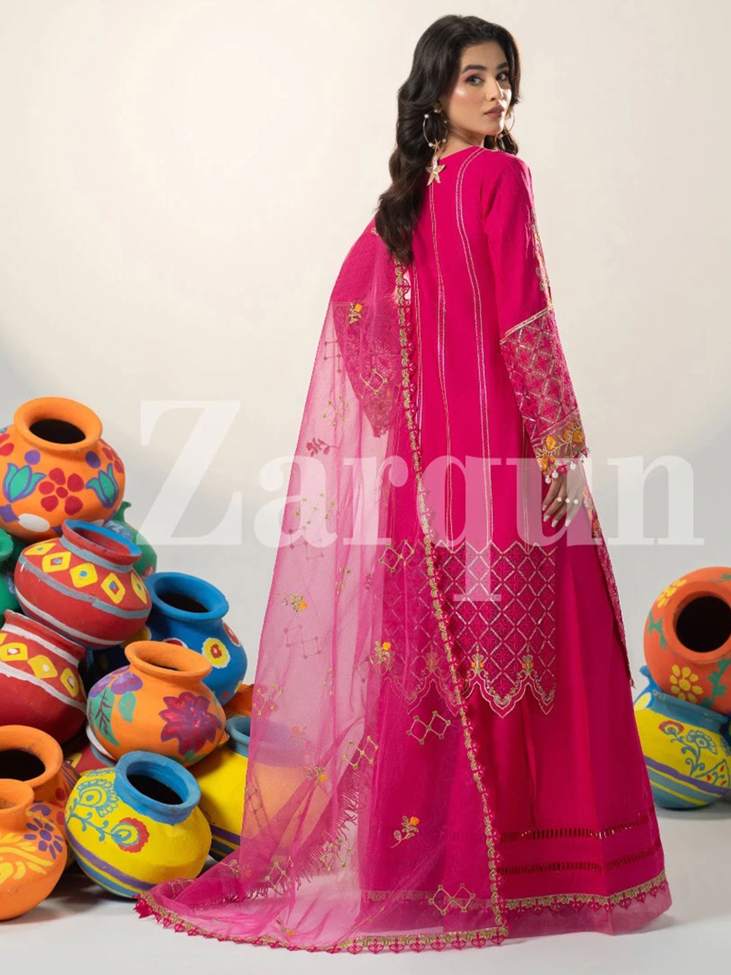 Zarqun Pink Embroidered Luxury Cotton Suit with Palazzo (2422B)