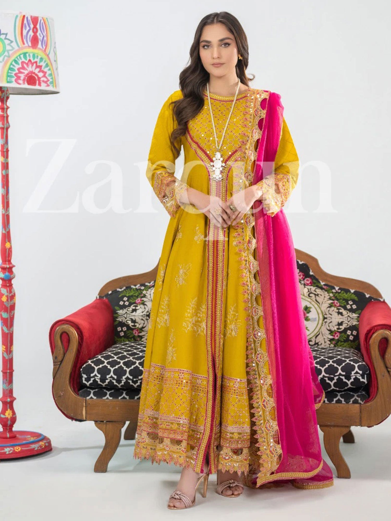 Zarqun Mustard Embroidered Luxury Cotton Maxi Suit (2424A)