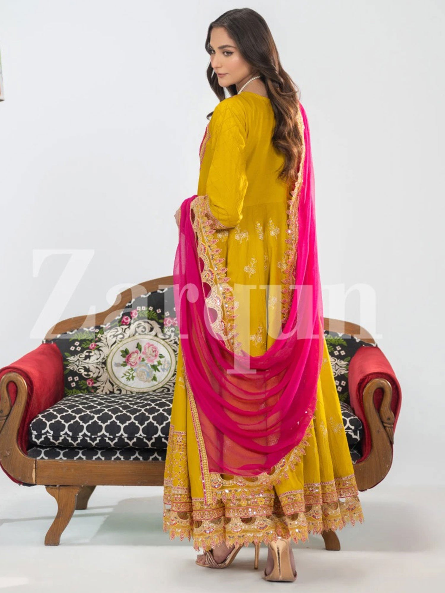 Zarqun Mustard Embroidered Luxury Cotton Maxi Suit (2424A)