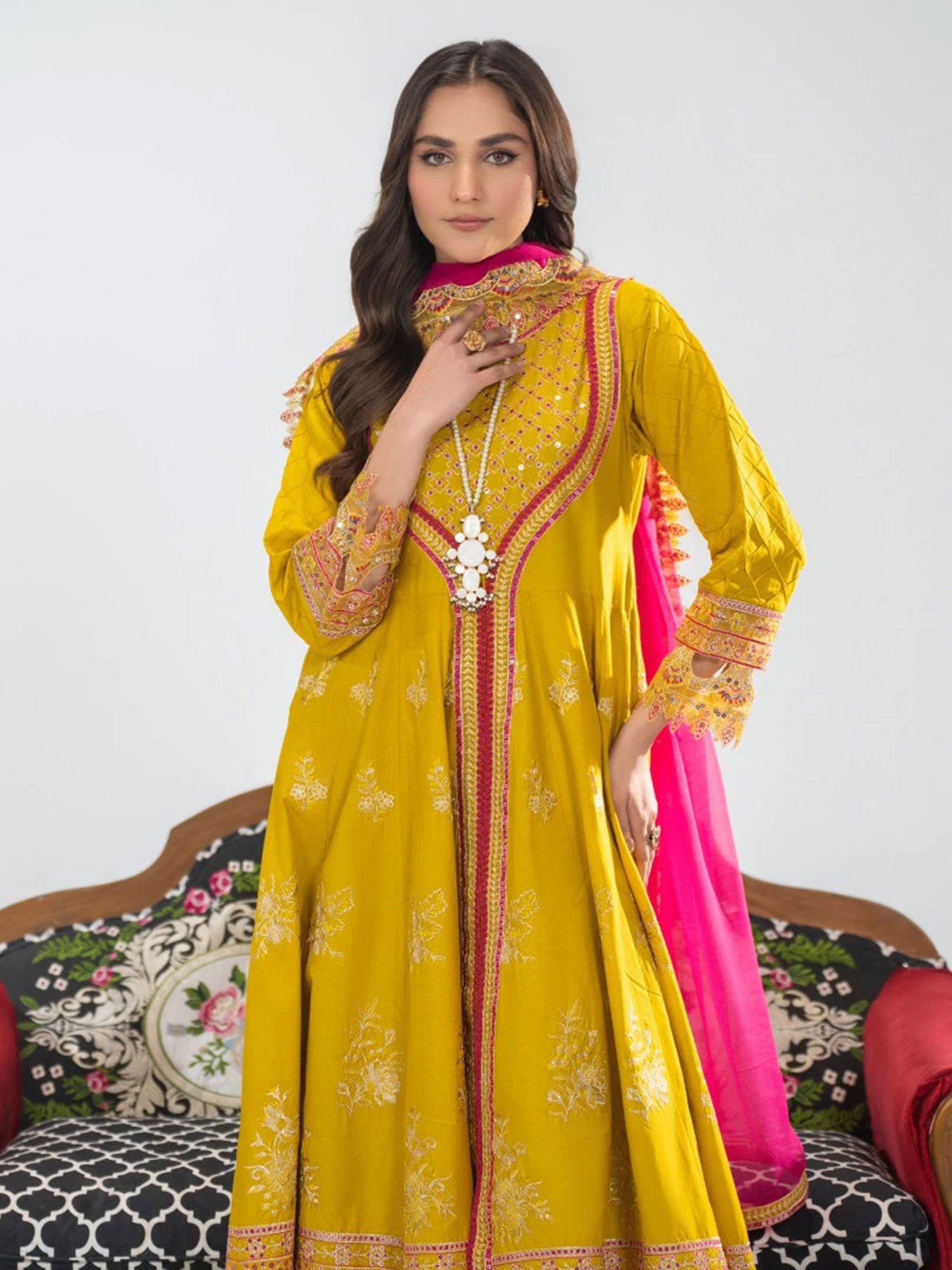 Zarqun Mustard Embroidered Luxury Cotton Maxi Suit (2424A)