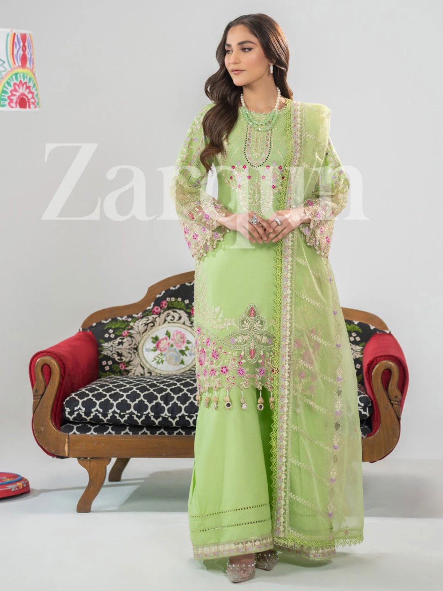 Zarqun Pistachio Embroidered Luxury Cotton Suit (2426B)