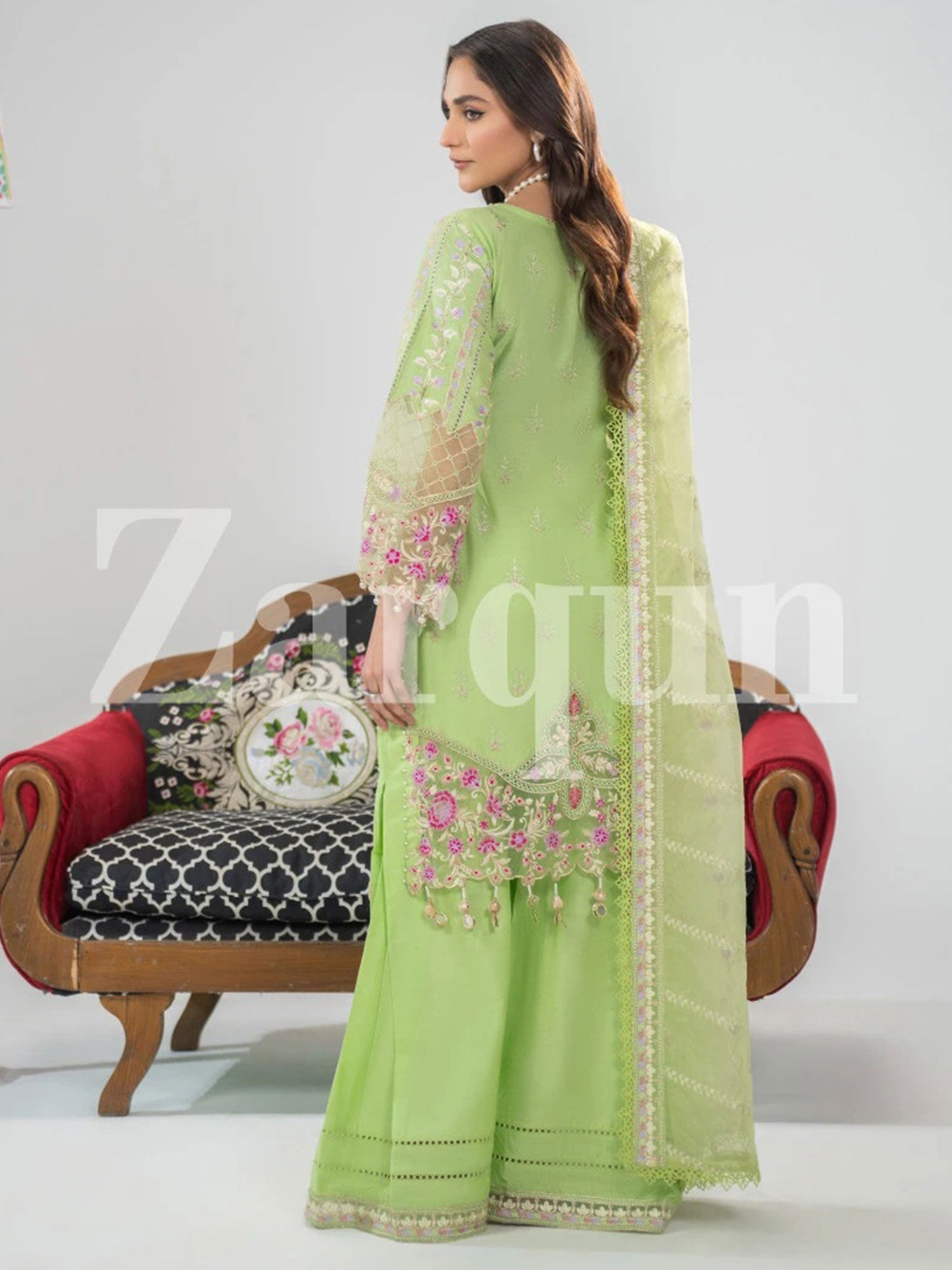 Zarqun Pistachio Embroidered Luxury Cotton Suit (2426B)