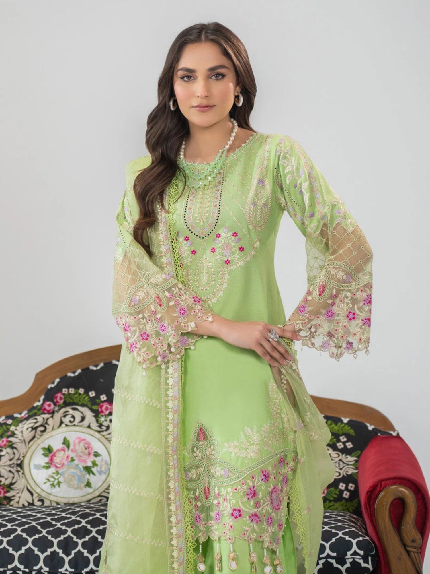 Zarqun Pistachio Embroidered Luxury Cotton Suit (2426B)