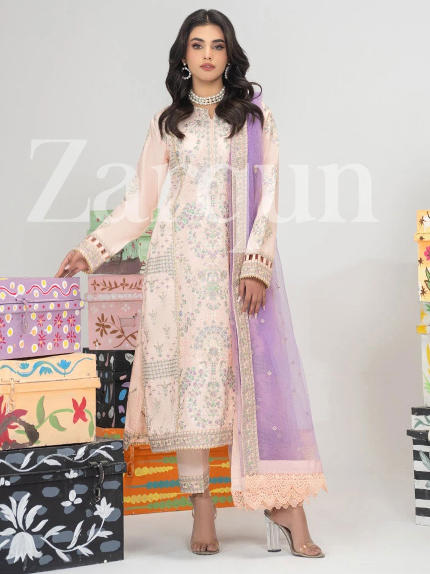 Zarqun Peach Skin Embroidered Luxury Cotton Suit (2428A)