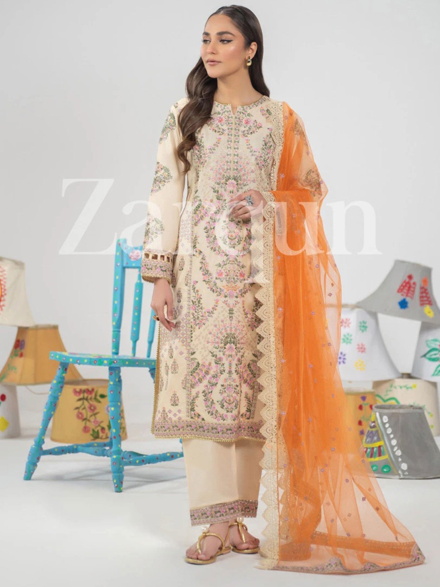 Zarqun Beige Skin Embroidered Luxury Cotton Suit (2428B)