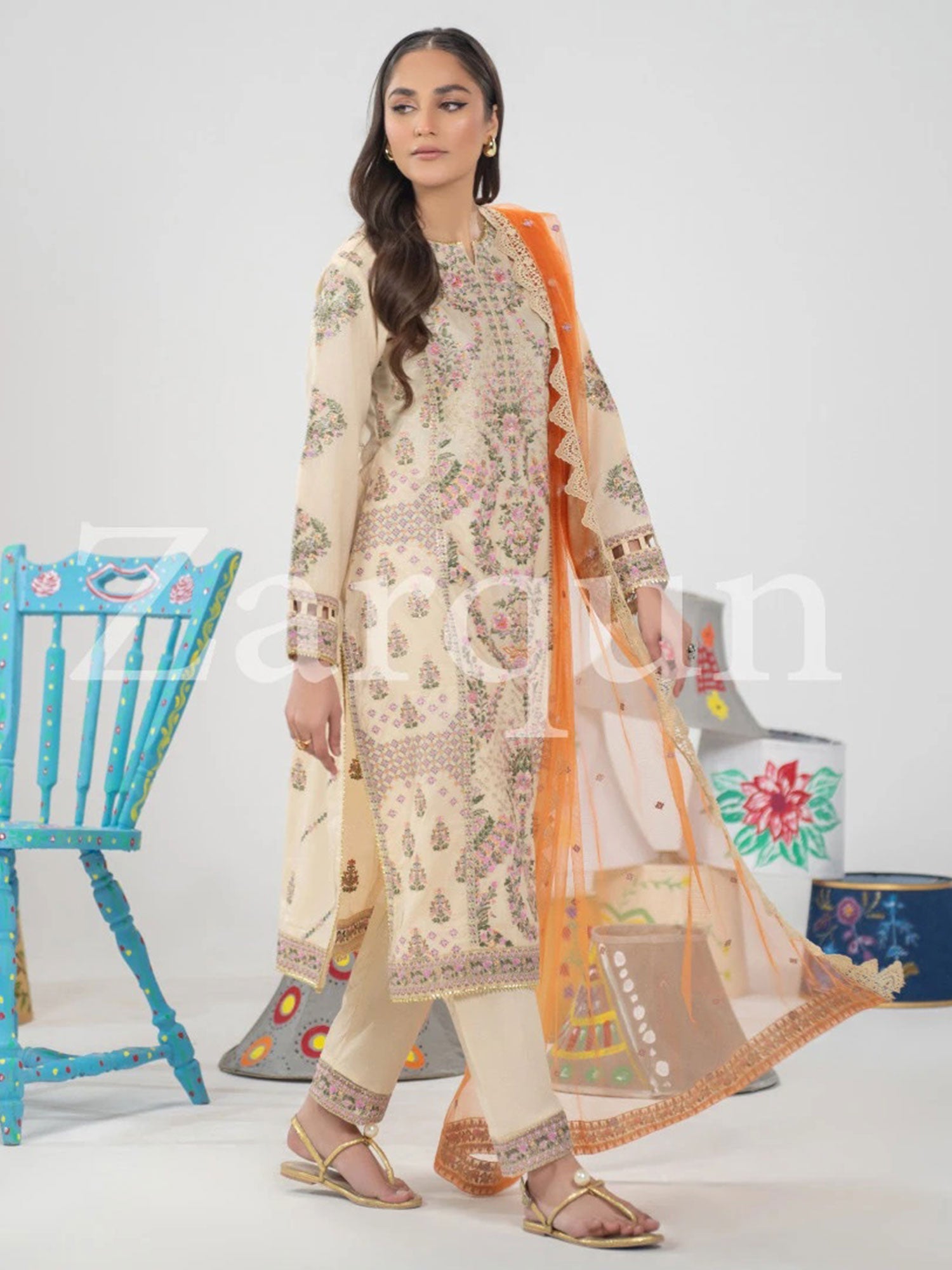 Zarqun Beige Skin Embroidered Luxury Cotton Suit (2428B)