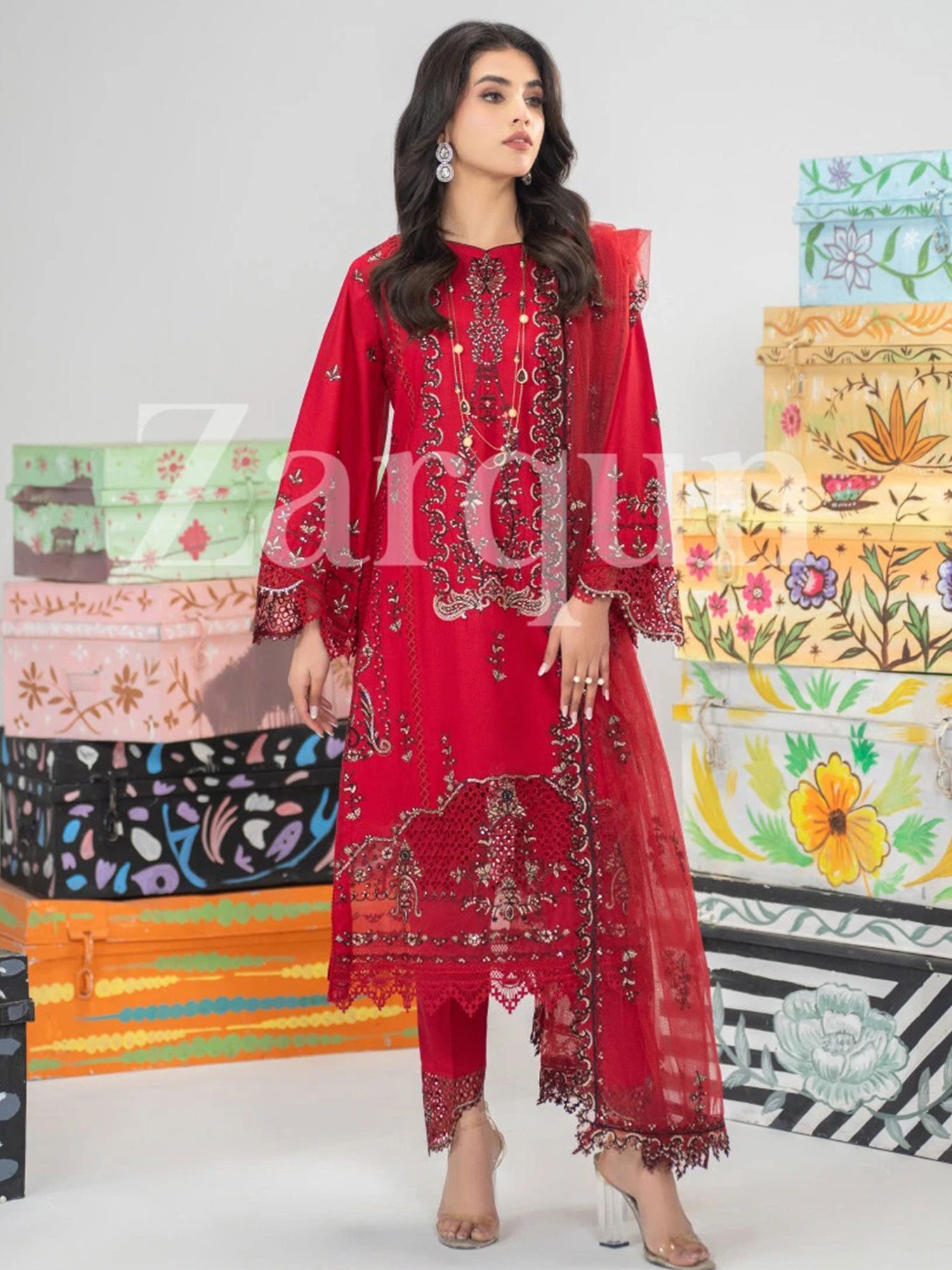 Zarqun Dark Red Embroidered Luxury Cotton Suit (2430A)