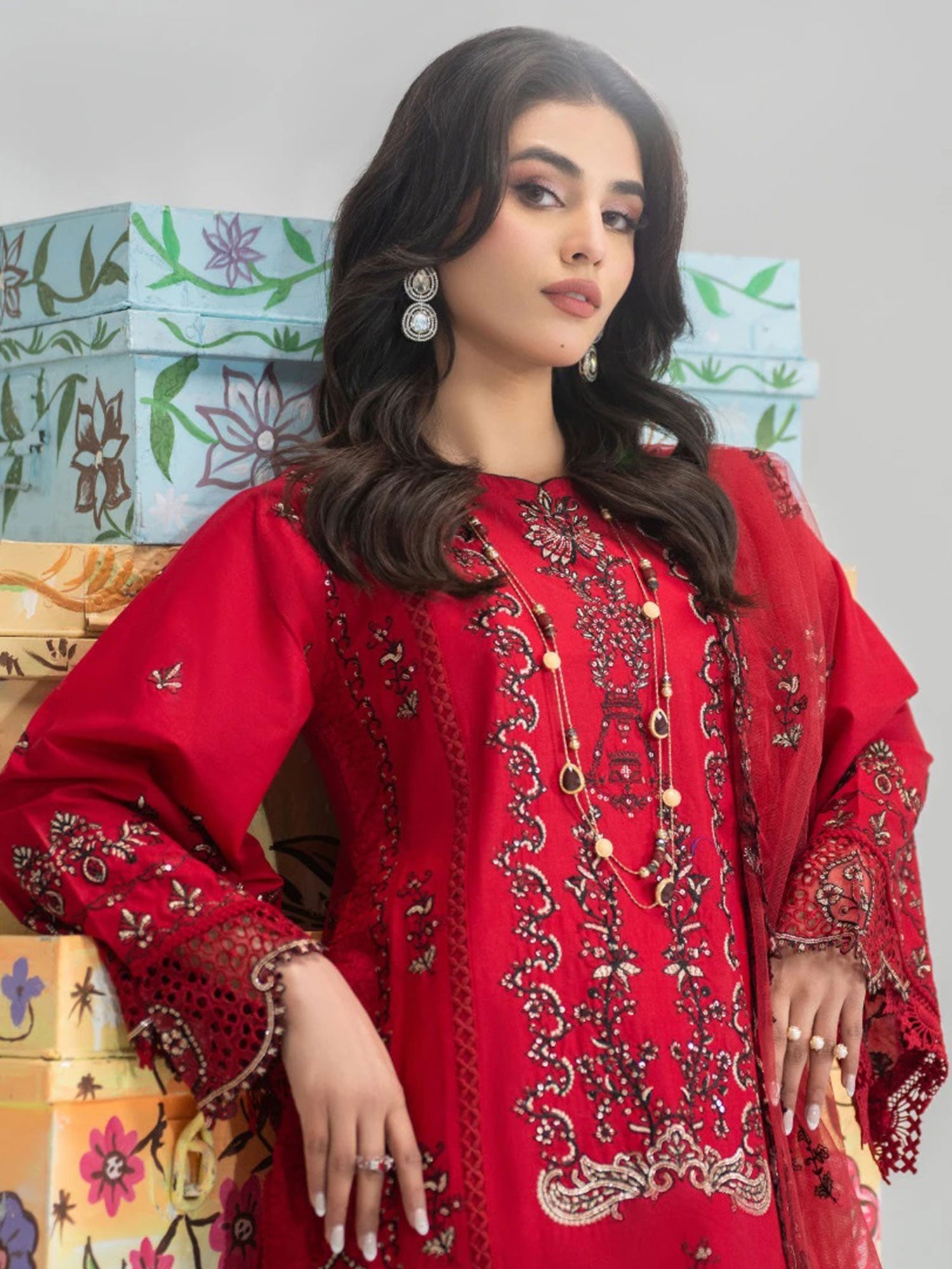 Zarqun Dark Red Embroidered Luxury Cotton Suit (2430A)