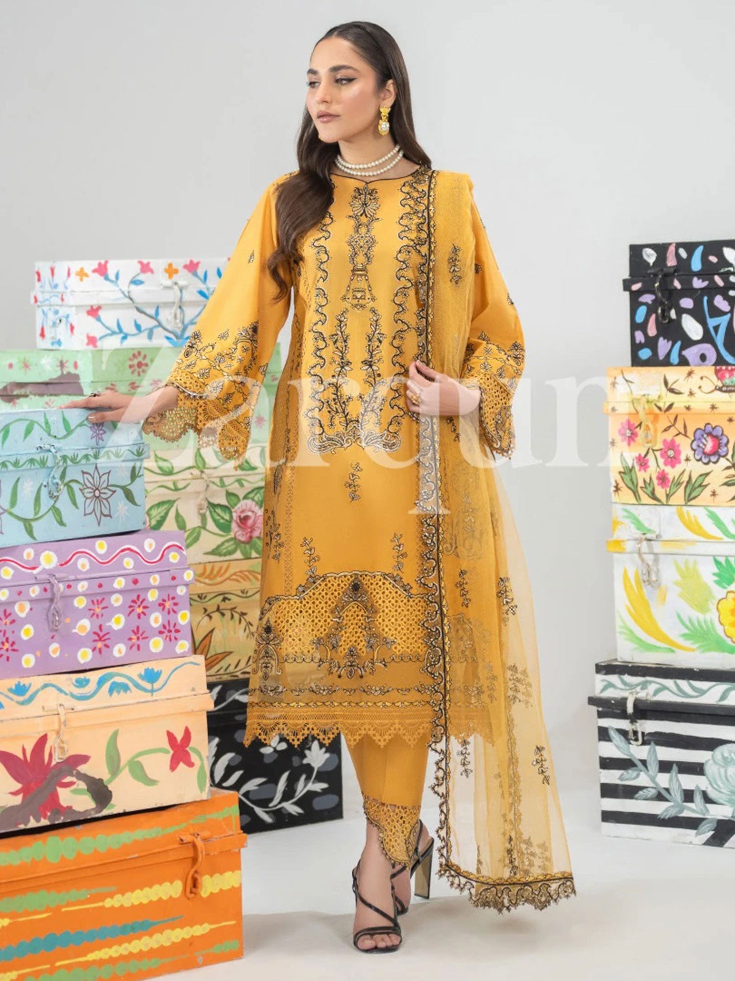 Zarqun Mustard Embroidered Luxury Cotton Suit (2430B)