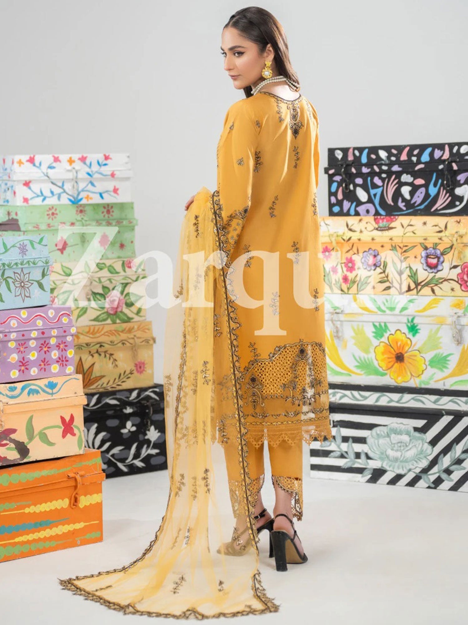 Zarqun Mustard Embroidered Luxury Cotton Suit (2430B)