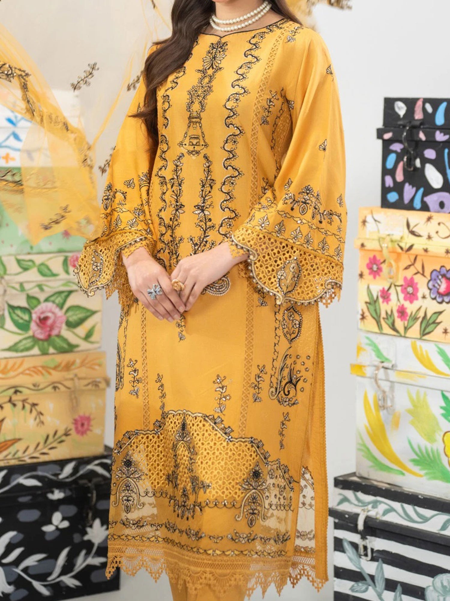 Zarqun Mustard Embroidered Luxury Cotton Suit (2430B)