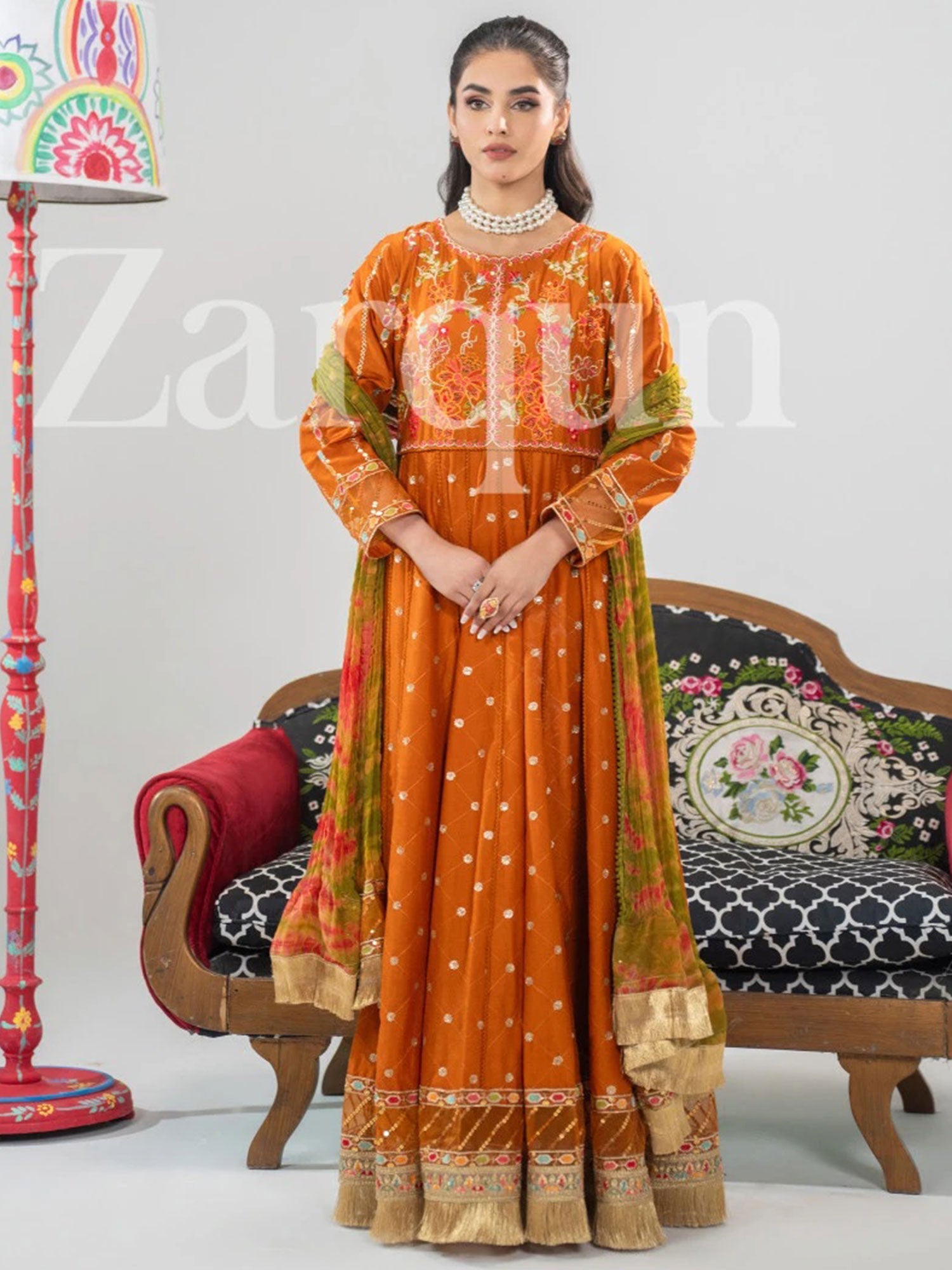 Zarqun Deep Orange Embroidered Luxury Cotton Maxi Suit (2431A)