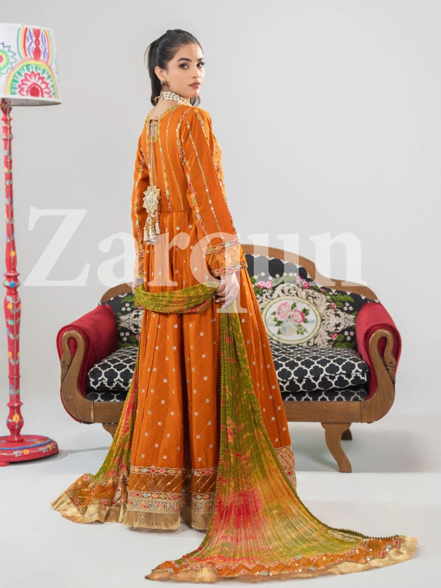 Zarqun Deep Orange Embroidered Luxury Cotton Maxi Suit (2431A)