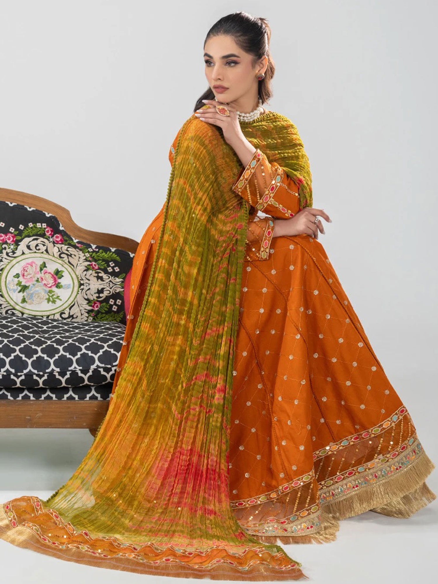 Zarqun Deep Orange Embroidered Luxury Cotton Maxi Suit (2431A)