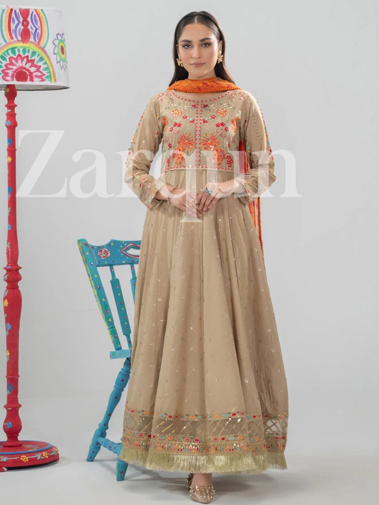 Zarqun Beige Embroidered Luxury Cotton Maxi Suit (2431B)