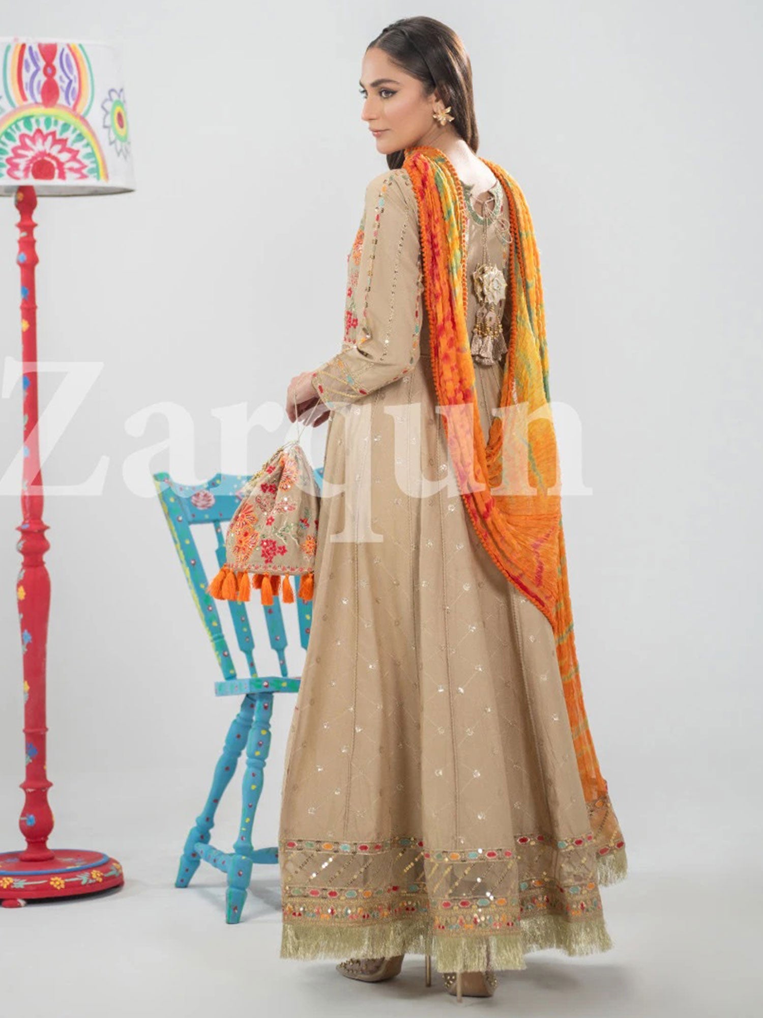 Zarqun Beige Embroidered Luxury Cotton Maxi Suit (2431B)