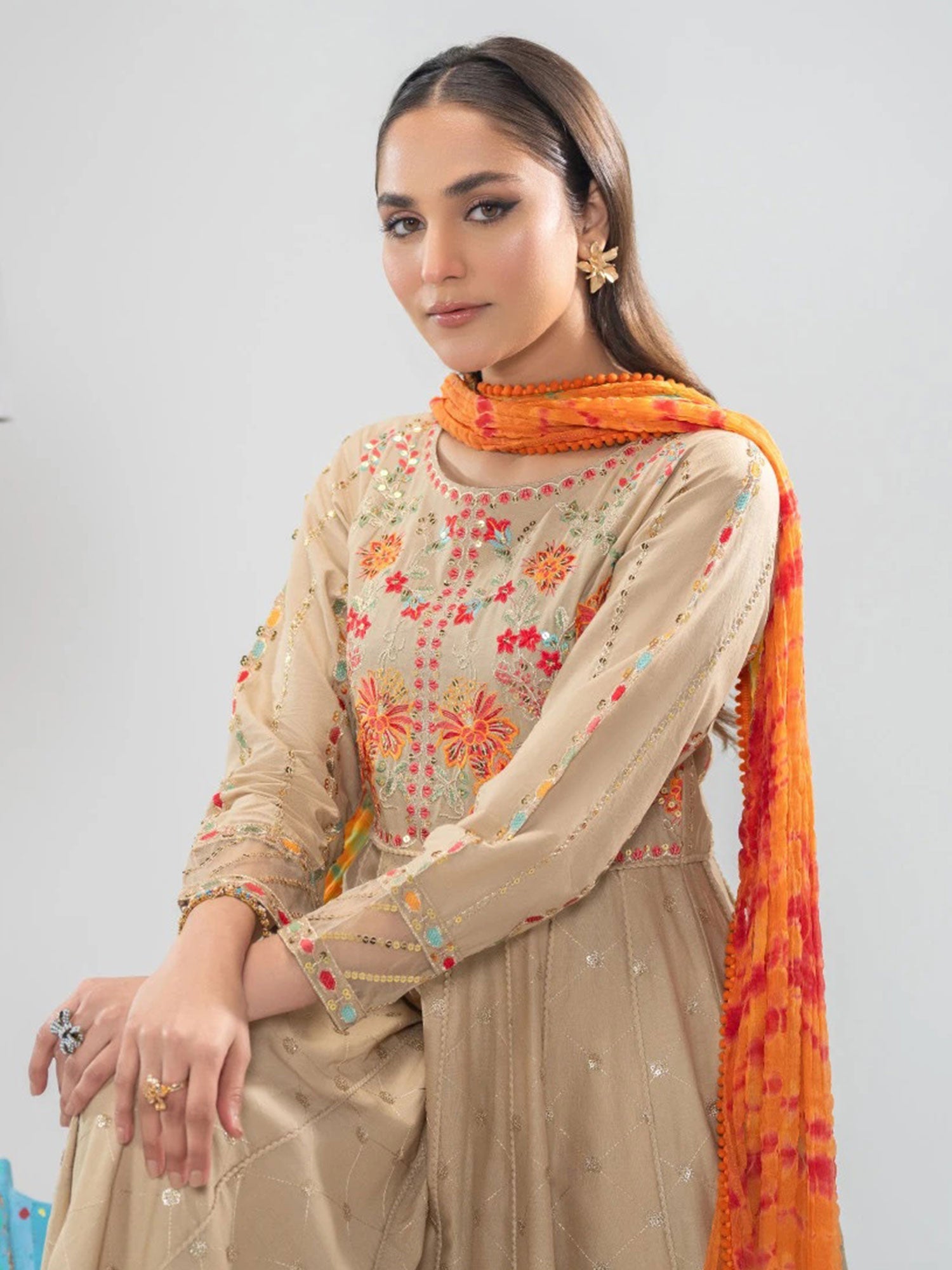 Zarqun Beige Embroidered Luxury Cotton Maxi Suit (2431B)