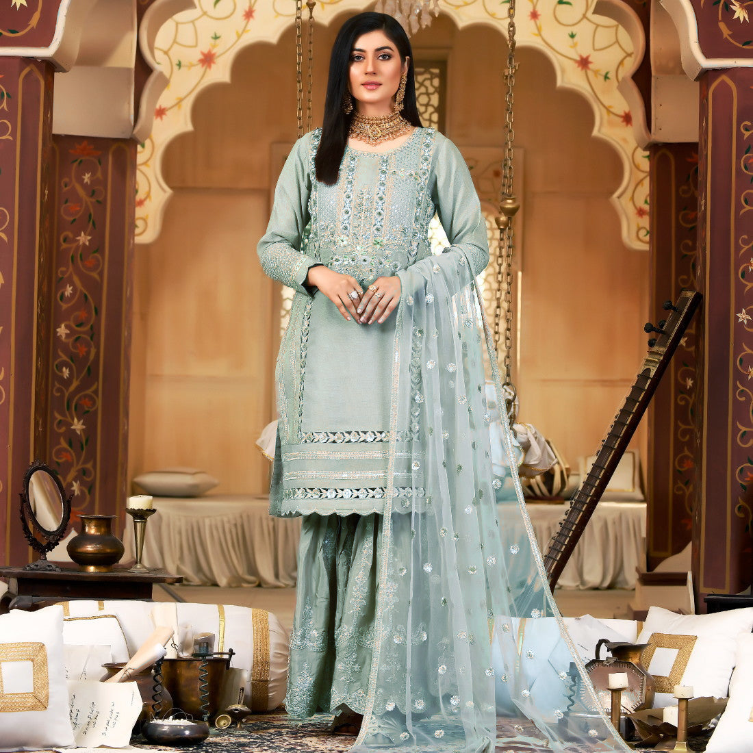 Zahra Rubab Blue-Grey Khaadi Net 3-Piece Gharara Suit